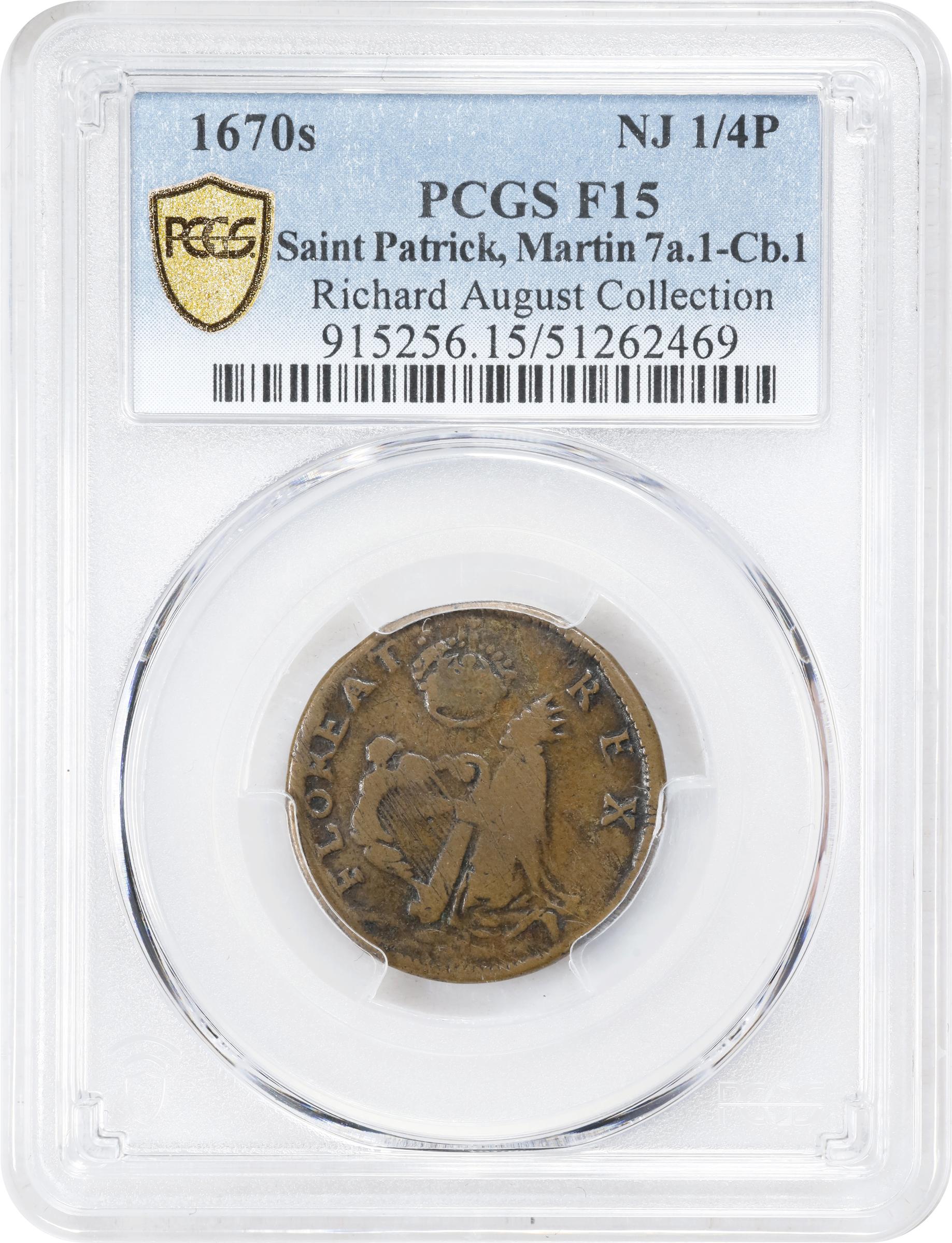 image for: Undated (ca. 1652-1674) St. Patrick Farthing. Martin 7a.1-Cb.1, W-11500. Rarity-6. Copper. Large 8 Below King. Fine-15 (PCGS).