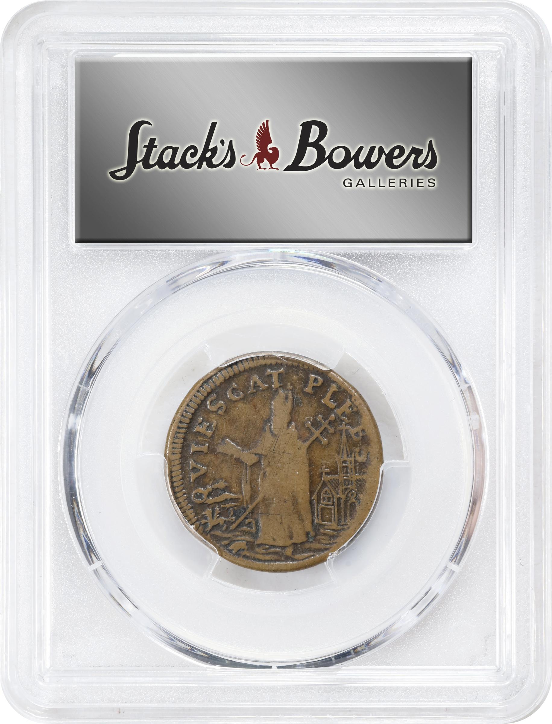 image for: Undated (ca. 1652-1674) St. Patrick Farthing. Martin 7a.1-Cb.1, W-11500. Rarity-6. Copper. Large 8 Below King. Fine-15 (PCGS).