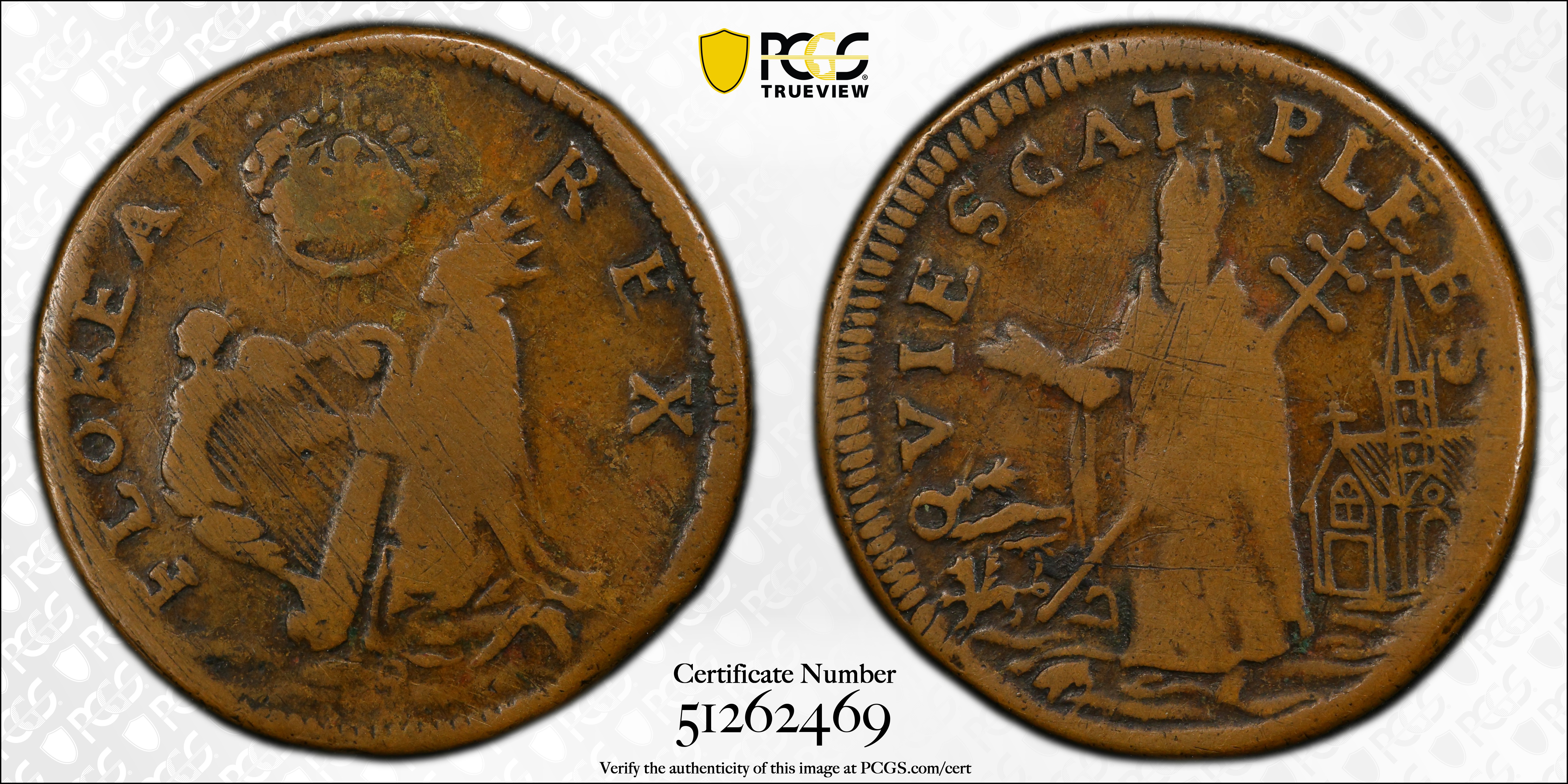 image for: Undated (ca. 1652-1674) St. Patrick Farthing. Martin 7a.1-Cb.1, W-11500. Rarity-6. Copper. Large 8 Below King. Fine-15 (PCGS).