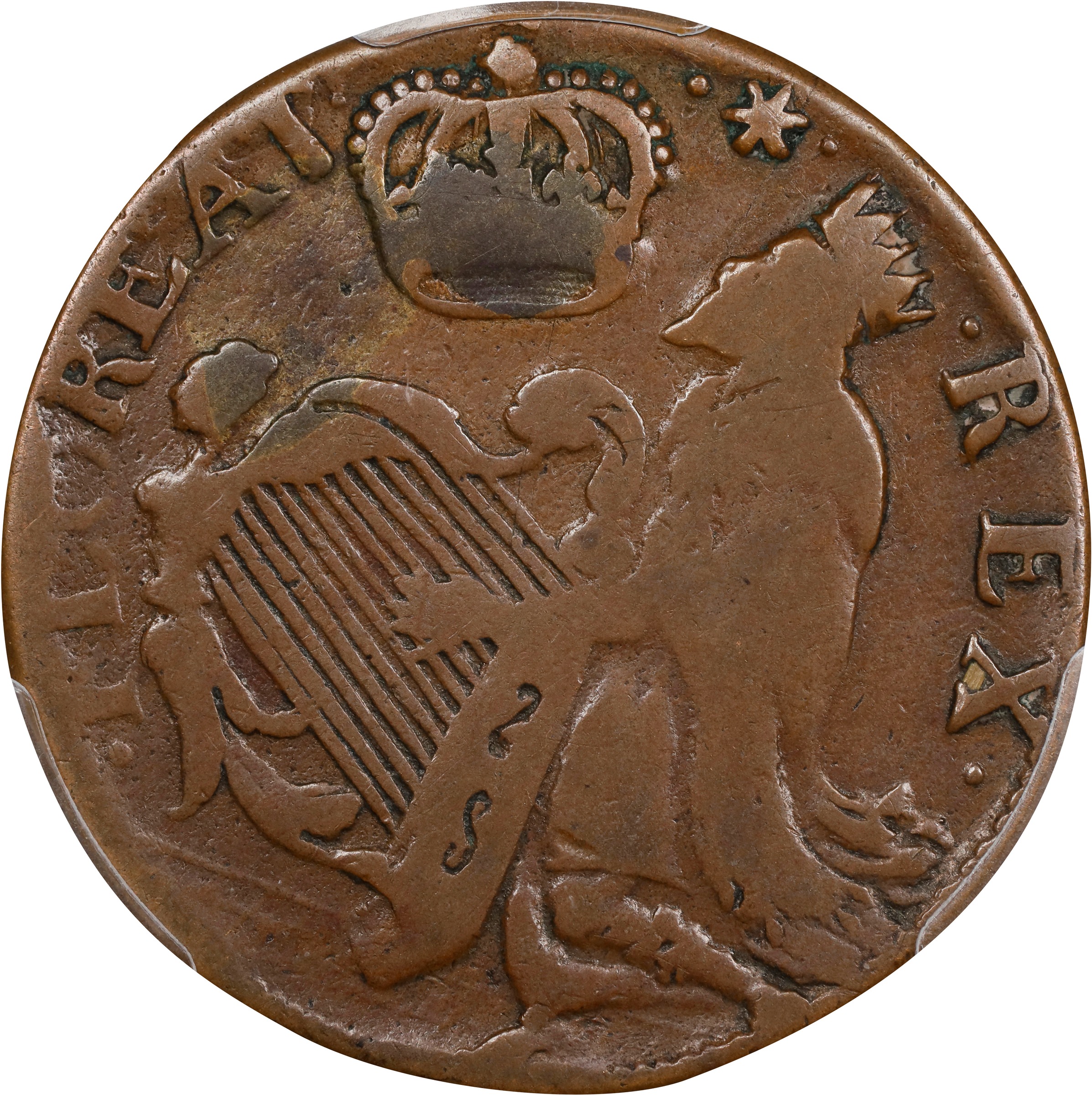 image for: Undated (ca. 1652-1674) St. Patrick Halfpenny. Martin 1-B, W-11540. Rarity-4. Large Letters. VF-20 (PCGS).
