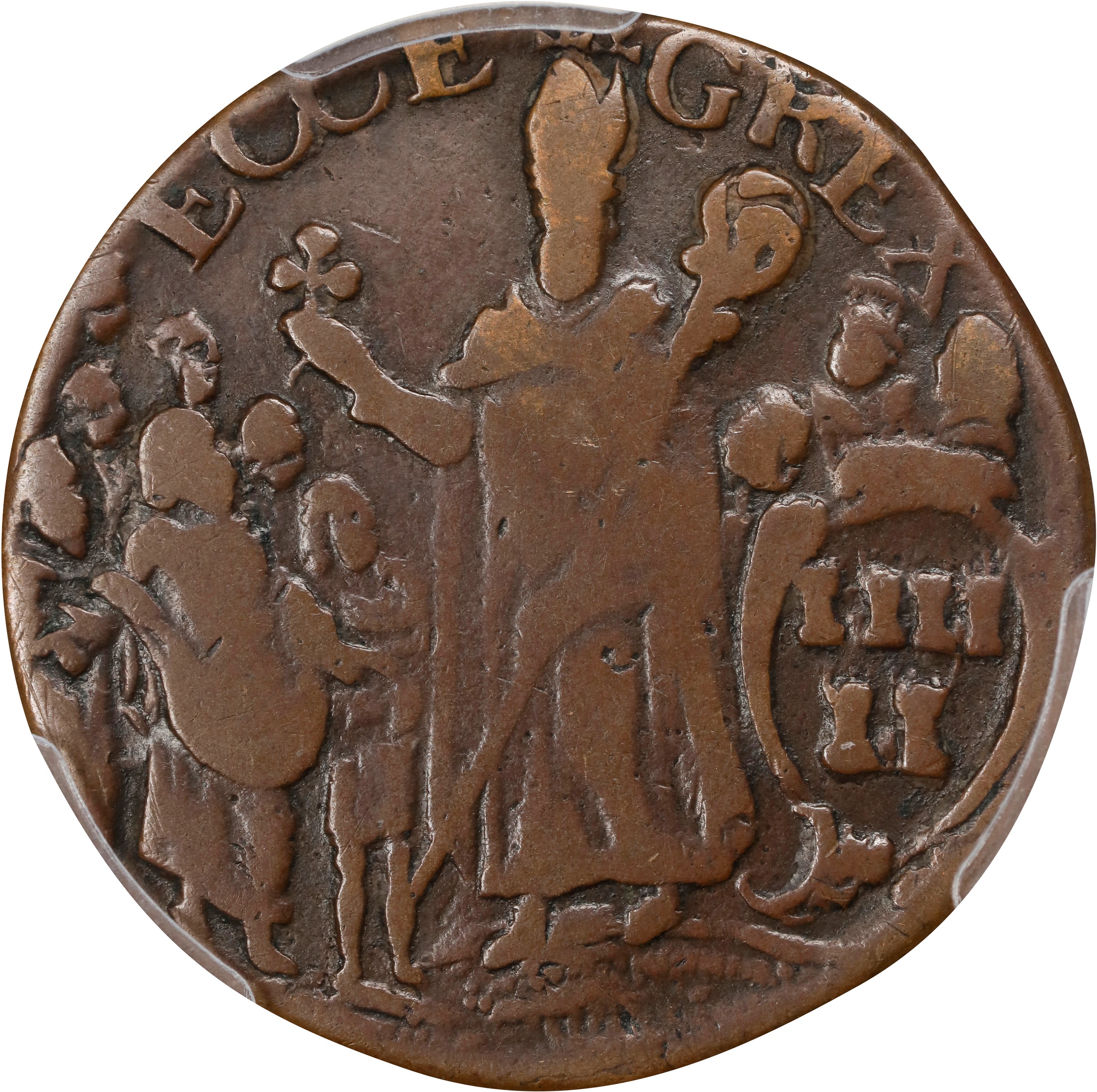 image for: Undated (ca. 1652-1674) St. Patrick Halfpenny. Martin 1-B, W-11540. Rarity-4. Large Letters. VF-20 (PCGS).