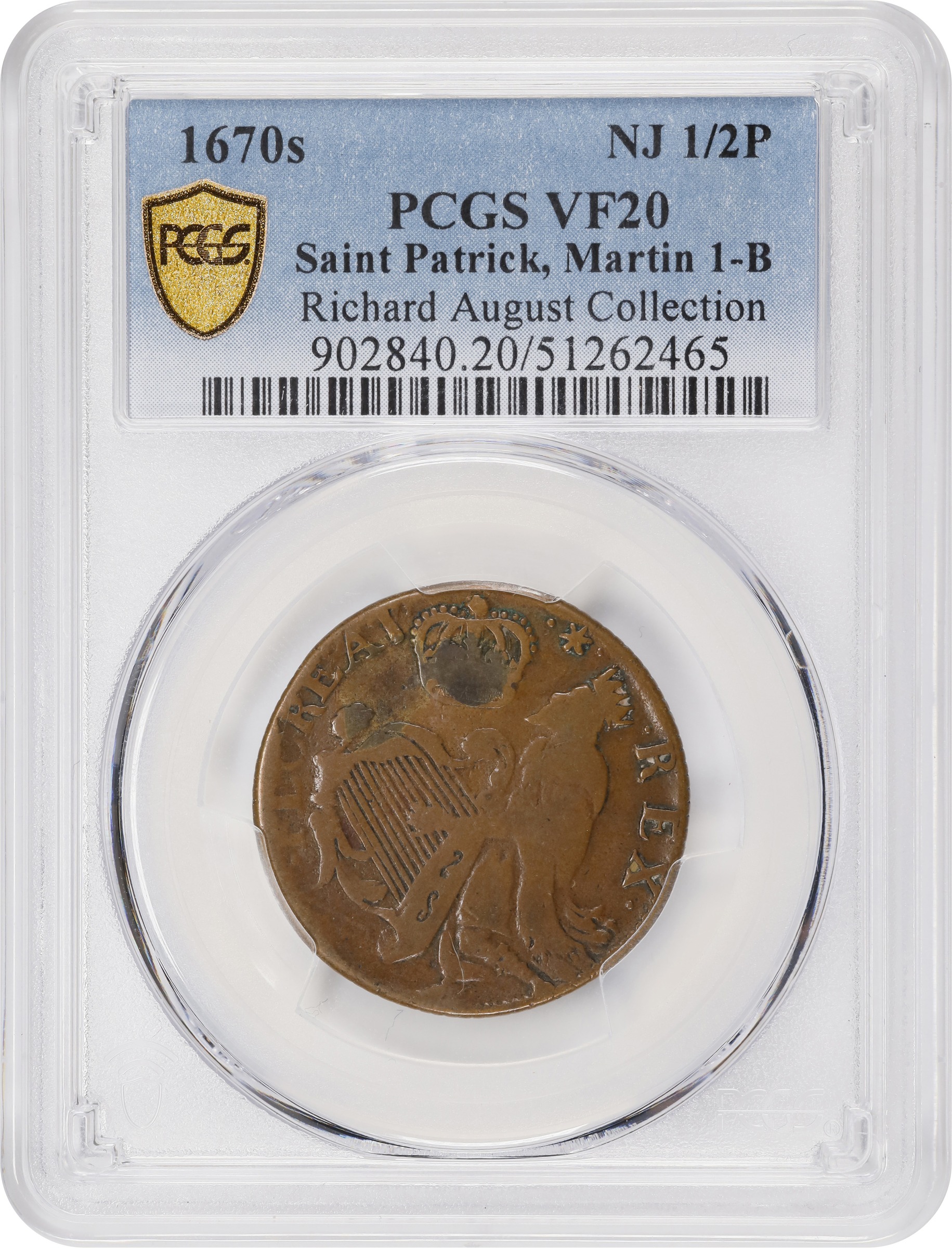 image for: Undated (ca. 1652-1674) St. Patrick Halfpenny. Martin 1-B, W-11540. Rarity-4. Large Letters. VF-20 (PCGS).