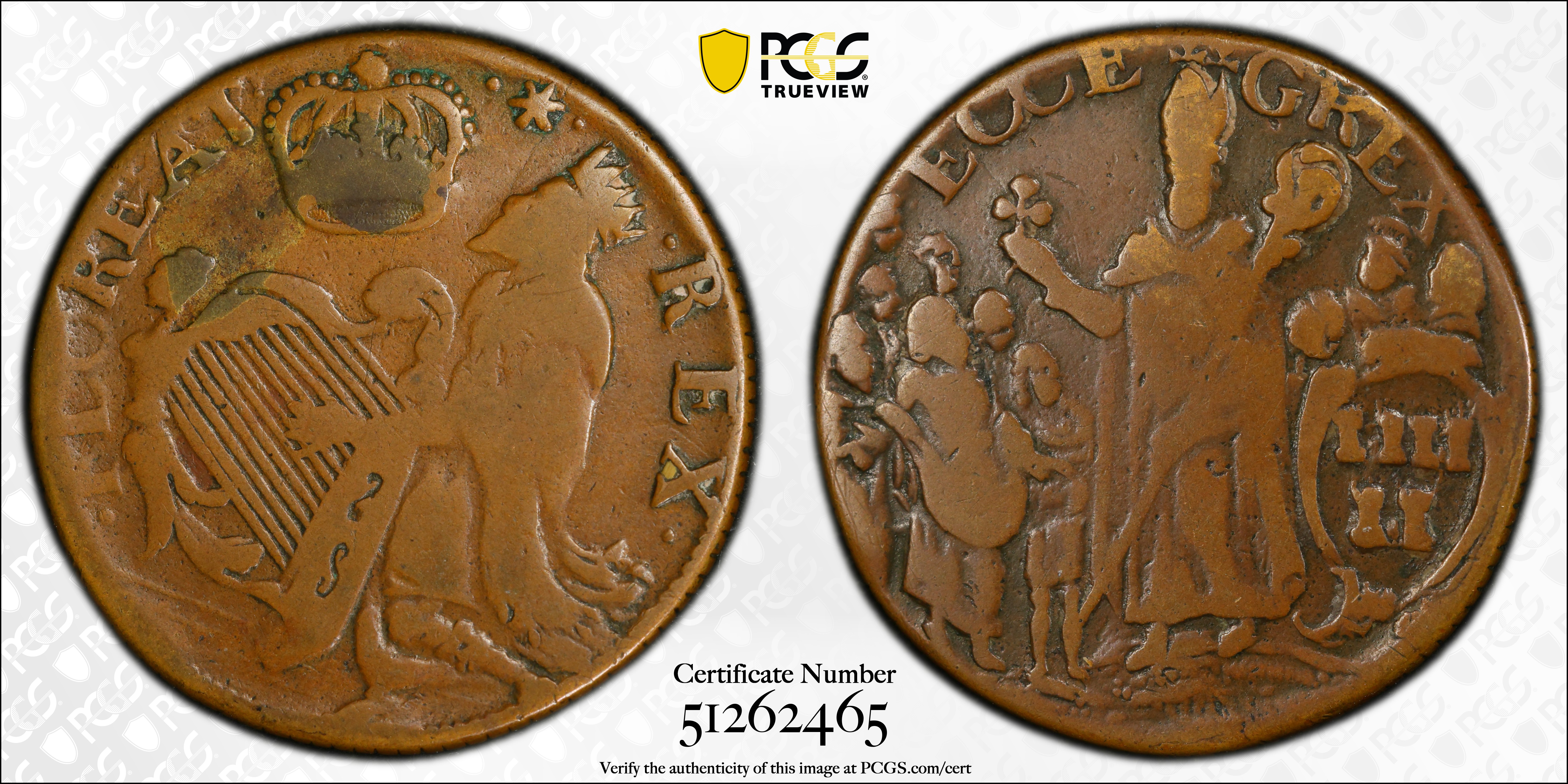 image for: Undated (ca. 1652-1674) St. Patrick Halfpenny. Martin 1-B, W-11540. Rarity-4. Large Letters. VF-20 (PCGS).