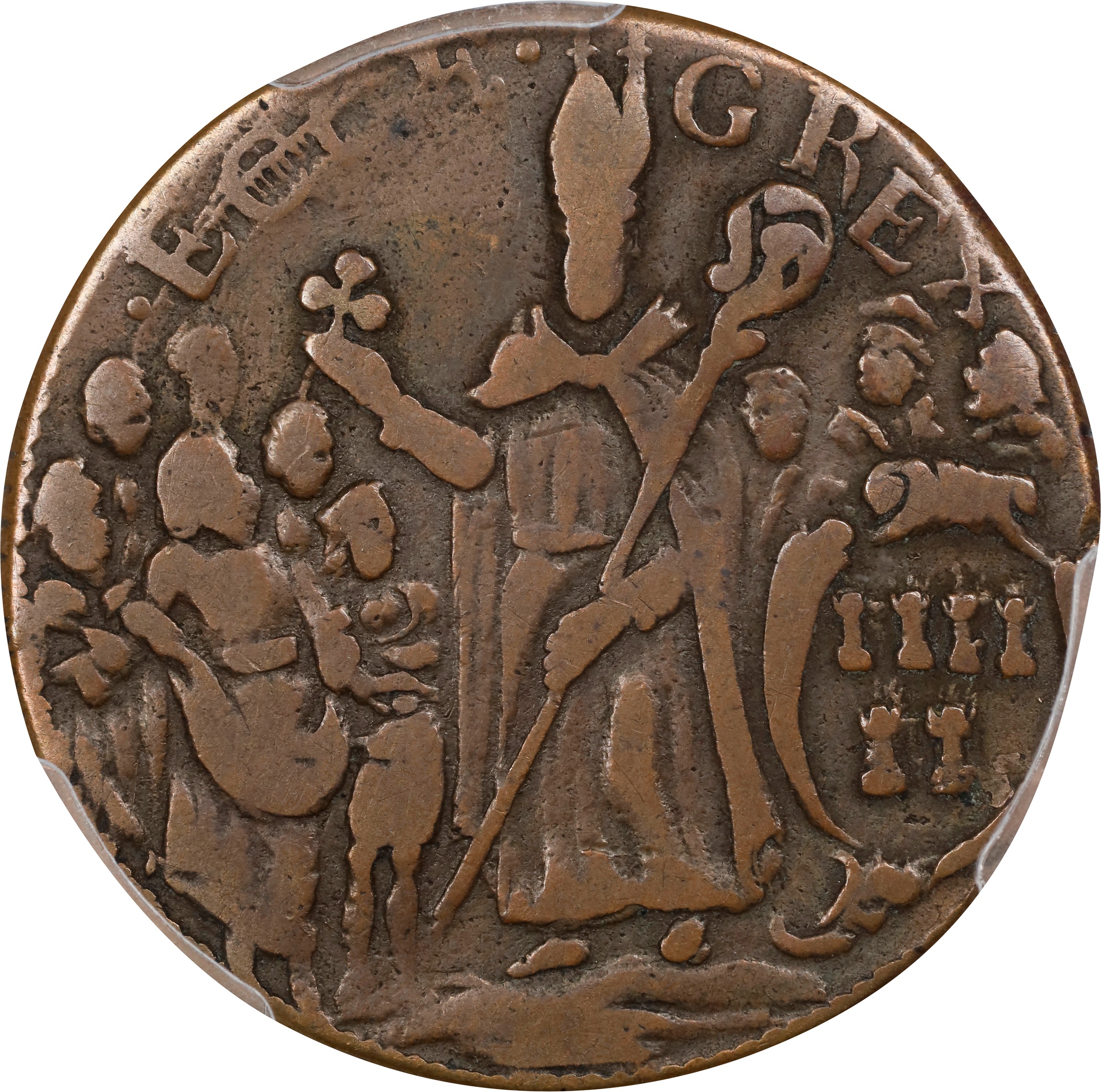 image for: Undated (ca. 1652-1674) St. Patrick Halfpenny. Martin 3-C, W-11540. Rarity-6+. Large Letters. VF-30 (PCGS).