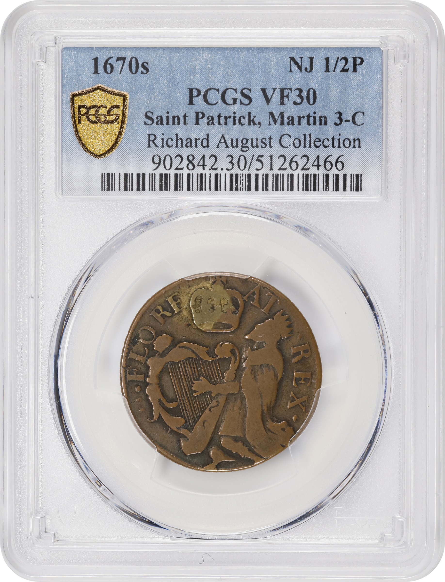 image for: Undated (ca. 1652-1674) St. Patrick Halfpenny. Martin 3-C, W-11540. Rarity-6+. Large Letters. VF-30 (PCGS).