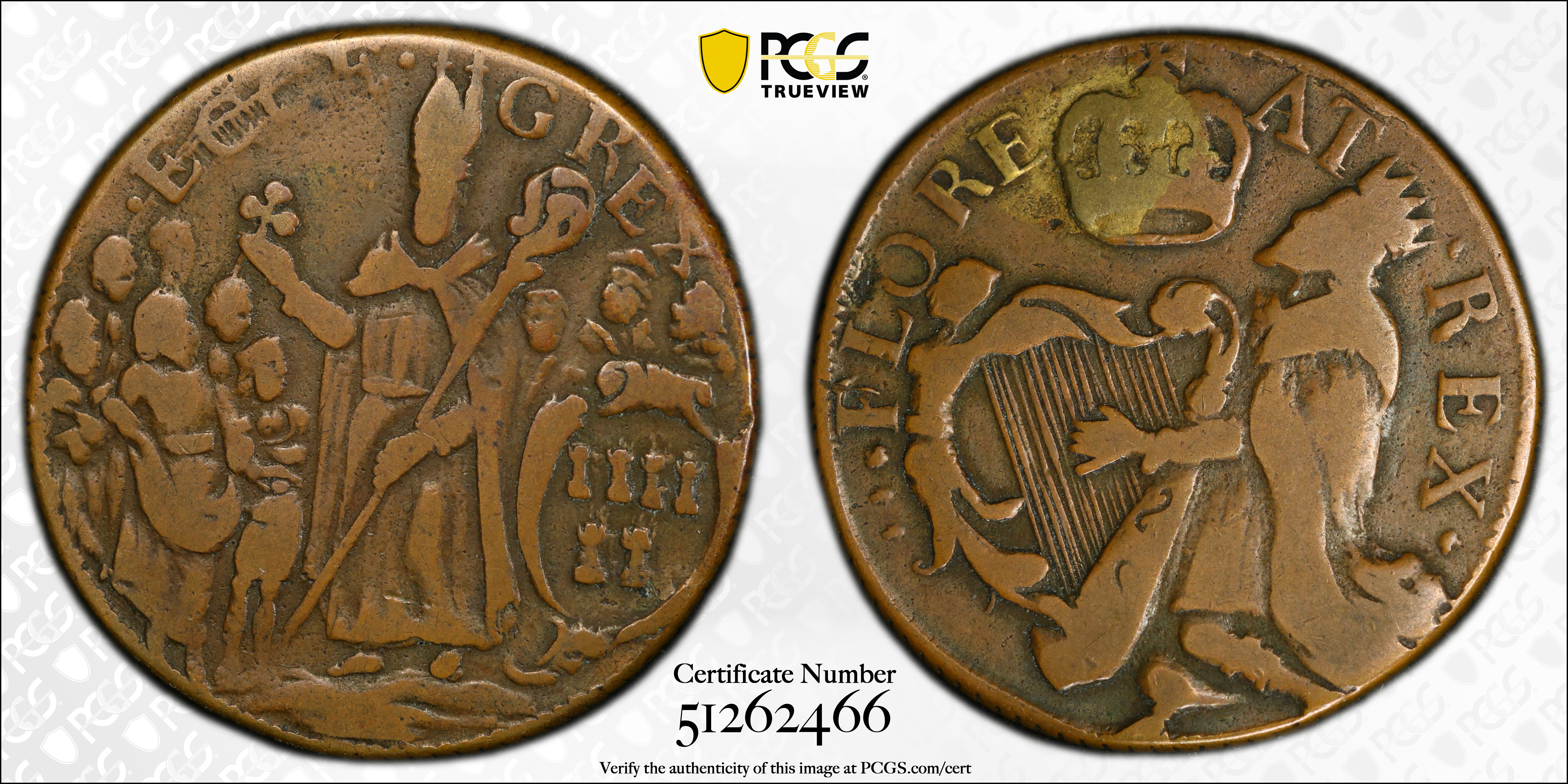 image for: Undated (ca. 1652-1674) St. Patrick Halfpenny. Martin 3-C, W-11540. Rarity-6+. Large Letters. VF-30 (PCGS).