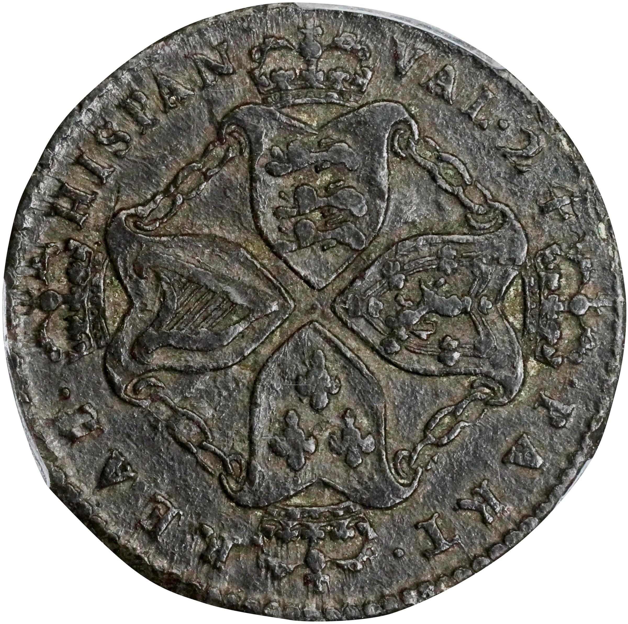 image for: Undated (1688) American Plantations Token, or 1/24 Part Real. Original(?). Newman 4-E, W-1155. Rarity-4+. 7 Harp Strings. EF-45 (PCGS).