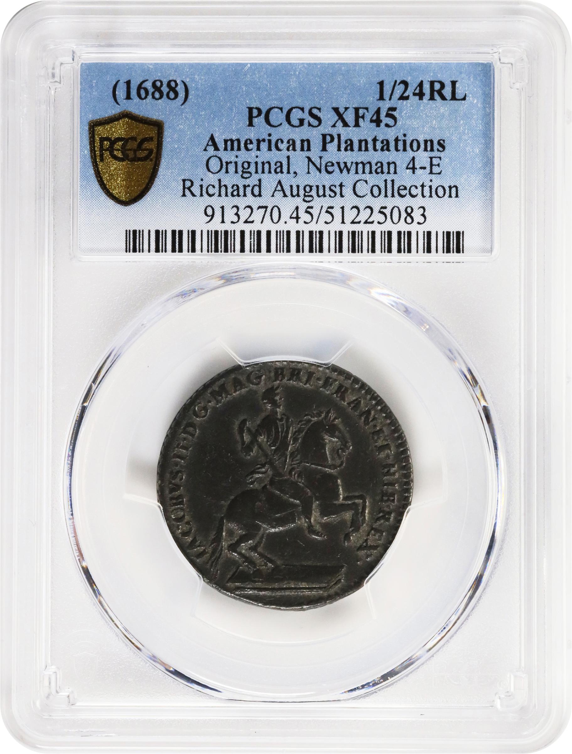 image for: Undated (1688) American Plantations Token, or 1/24 Part Real. Original(?). Newman 4-E, W-1155. Rarity-4+. 7 Harp Strings. EF-45 (PCGS).