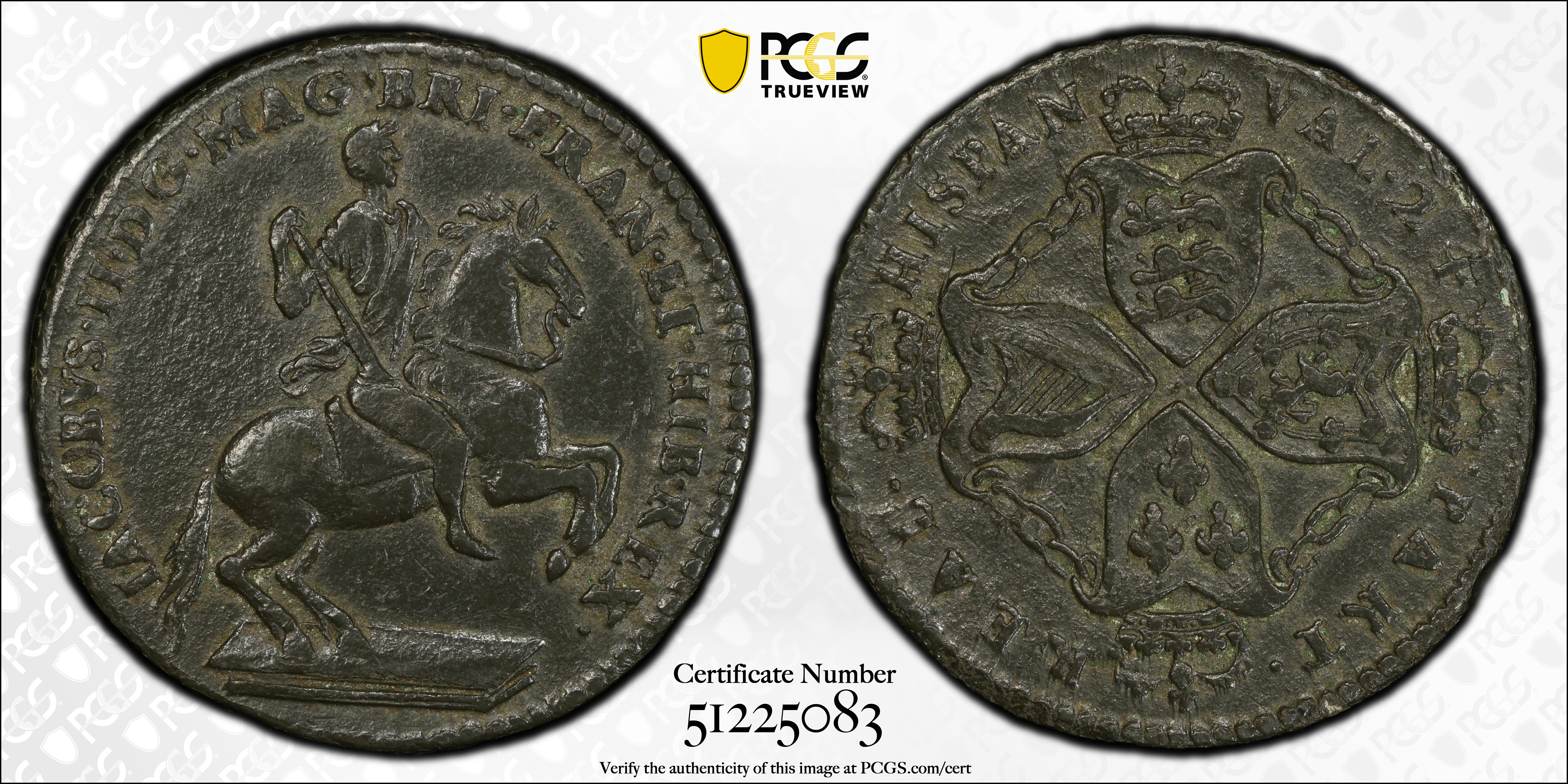 image for: Undated (1688) American Plantations Token, or 1/24 Part Real. Original(?). Newman 4-E, W-1155. Rarity-4+. 7 Harp Strings. EF-45 (PCGS).