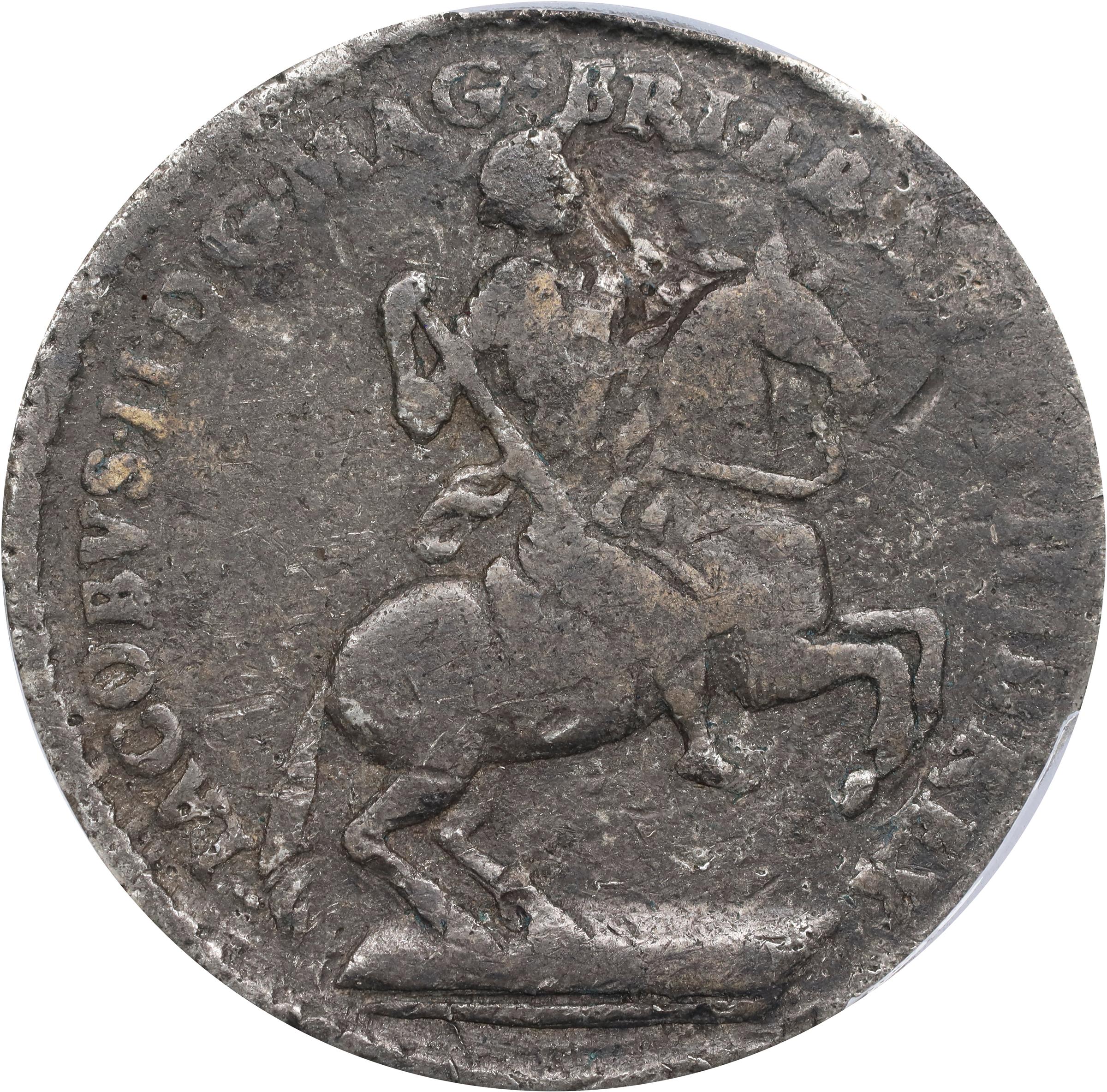 image for: Undated (1688) American Plantations Token, or 1/24 Part Real. Original. Newman 6-F, W-1165. Rarity-5+. 6 Harp Strings. VF-20 (PCGS).