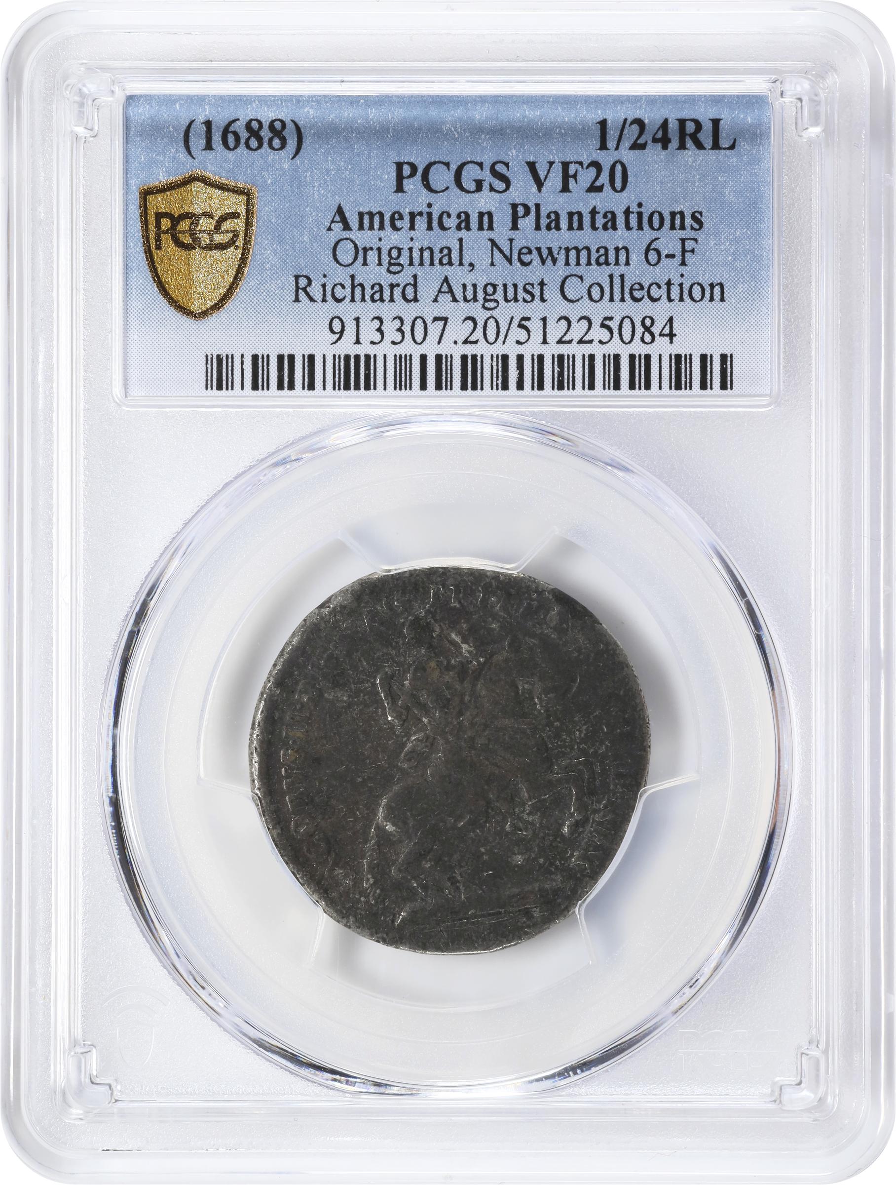 image for: Undated (1688) American Plantations Token, or 1/24 Part Real. Original. Newman 6-F, W-1165. Rarity-5+. 6 Harp Strings. VF-20 (PCGS).