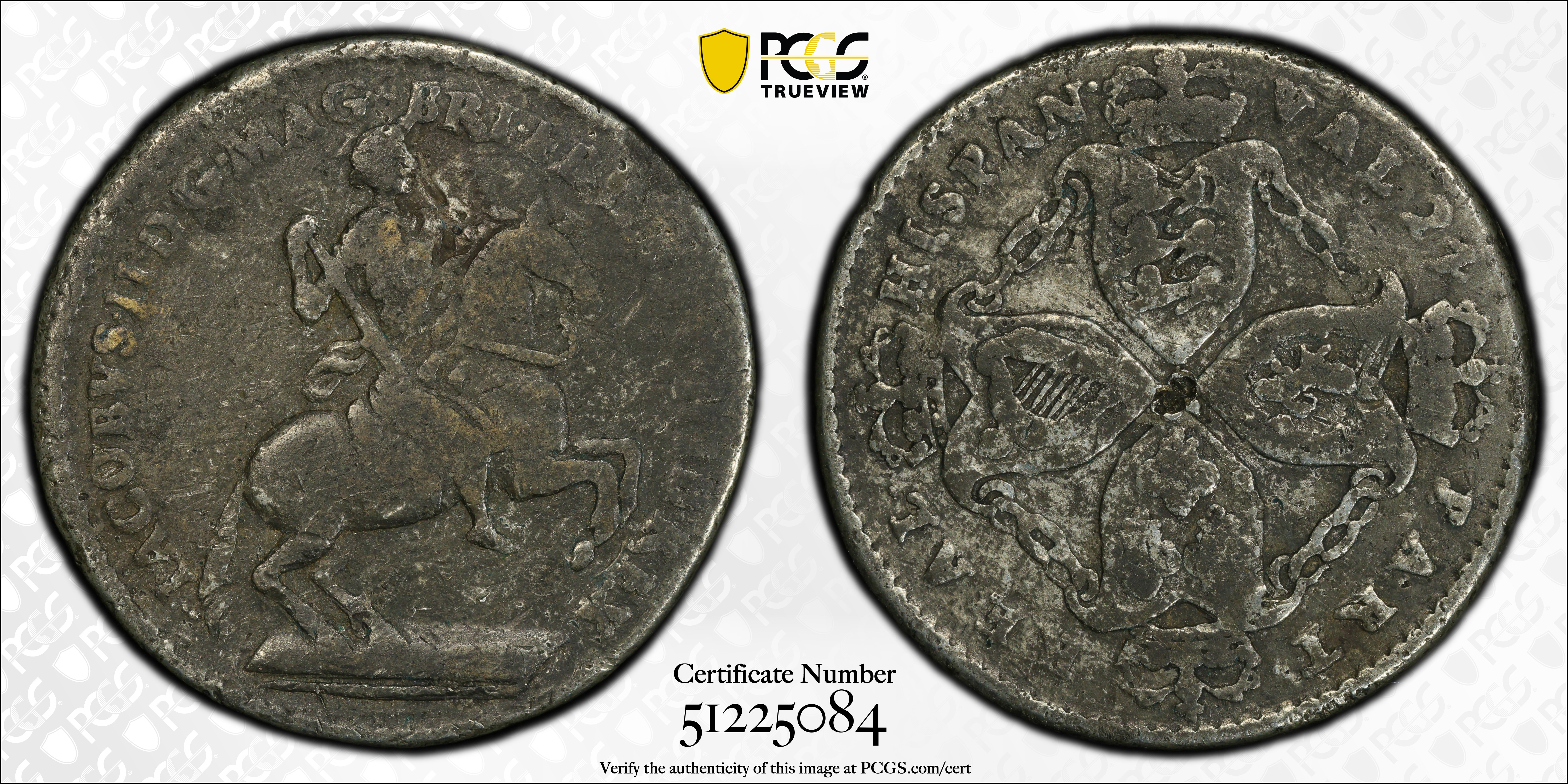 image for: Undated (1688) American Plantations Token, or 1/24 Part Real. Original. Newman 6-F, W-1165. Rarity-5+. 6 Harp Strings. VF-20 (PCGS).