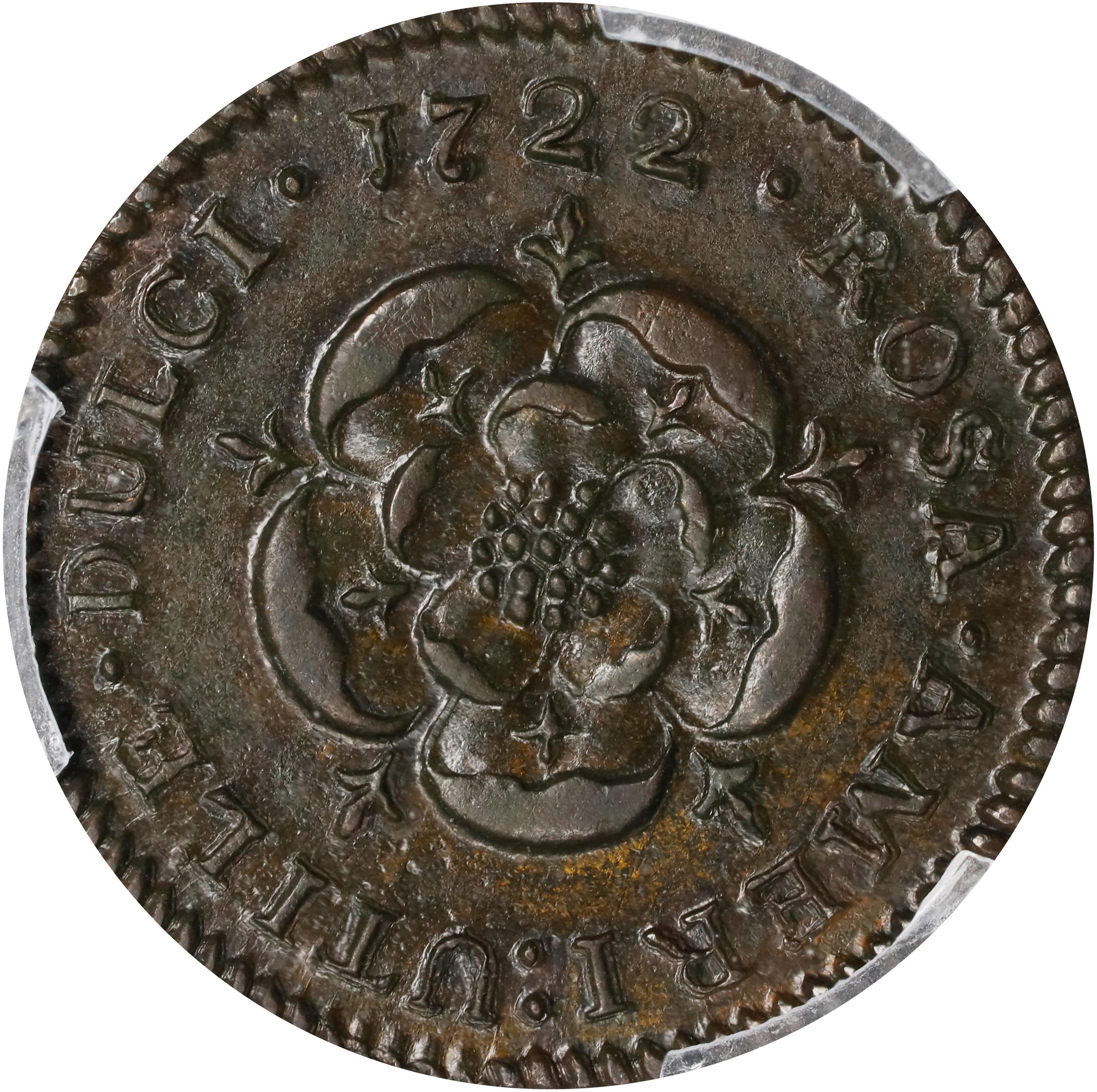 image for: 1722 Rosa Americana Halfpenny. Martin 2.1-B.1, W-1218. Rarity-4. D:G:REX / ROSA AMERI. UTILE DULCI. MS-61 (PCGS).