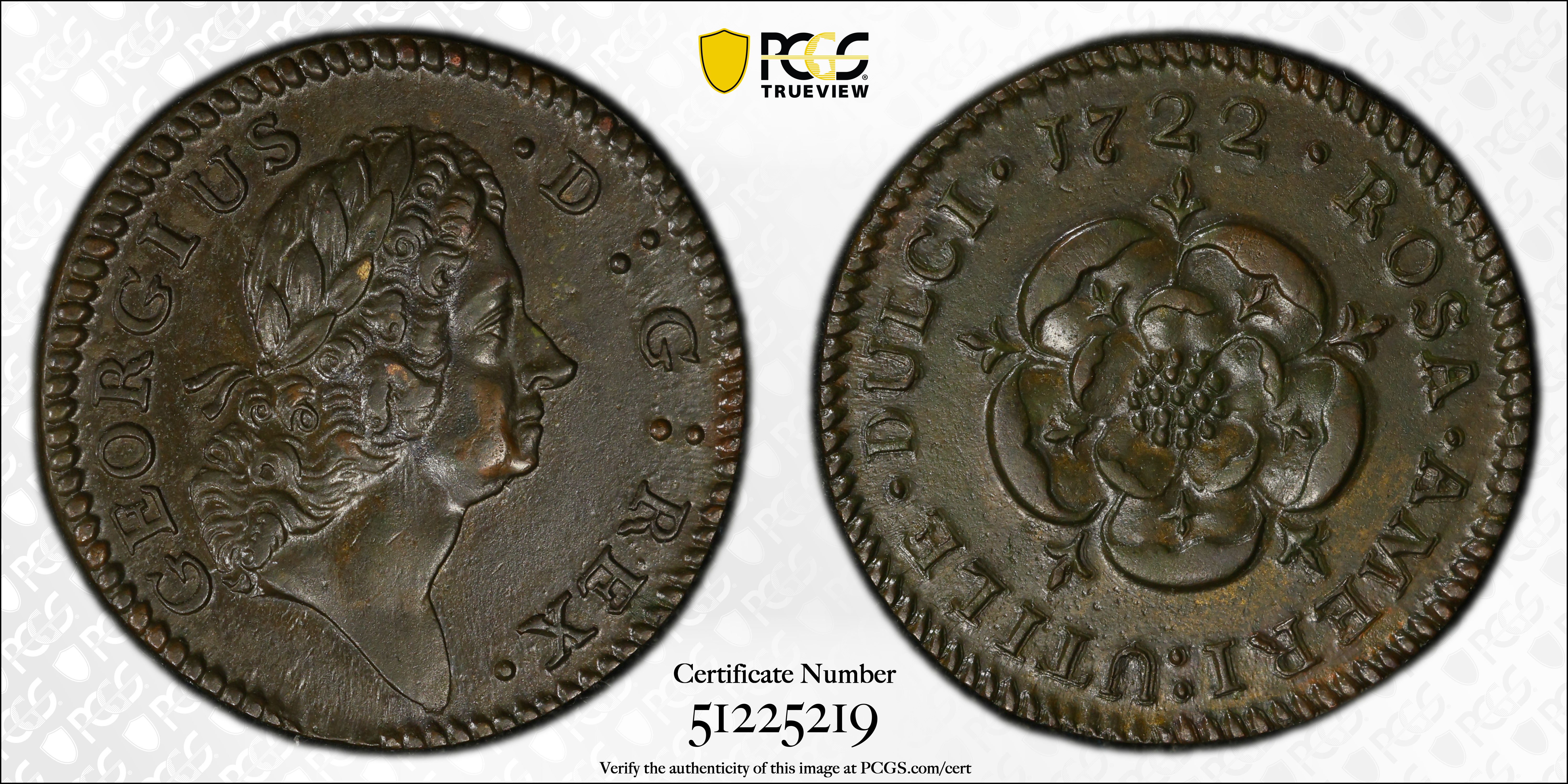 image for: 1722 Rosa Americana Halfpenny. Martin 2.1-B.1, W-1218. Rarity-4. D:G:REX / ROSA AMERI. UTILE DULCI. MS-61 (PCGS).