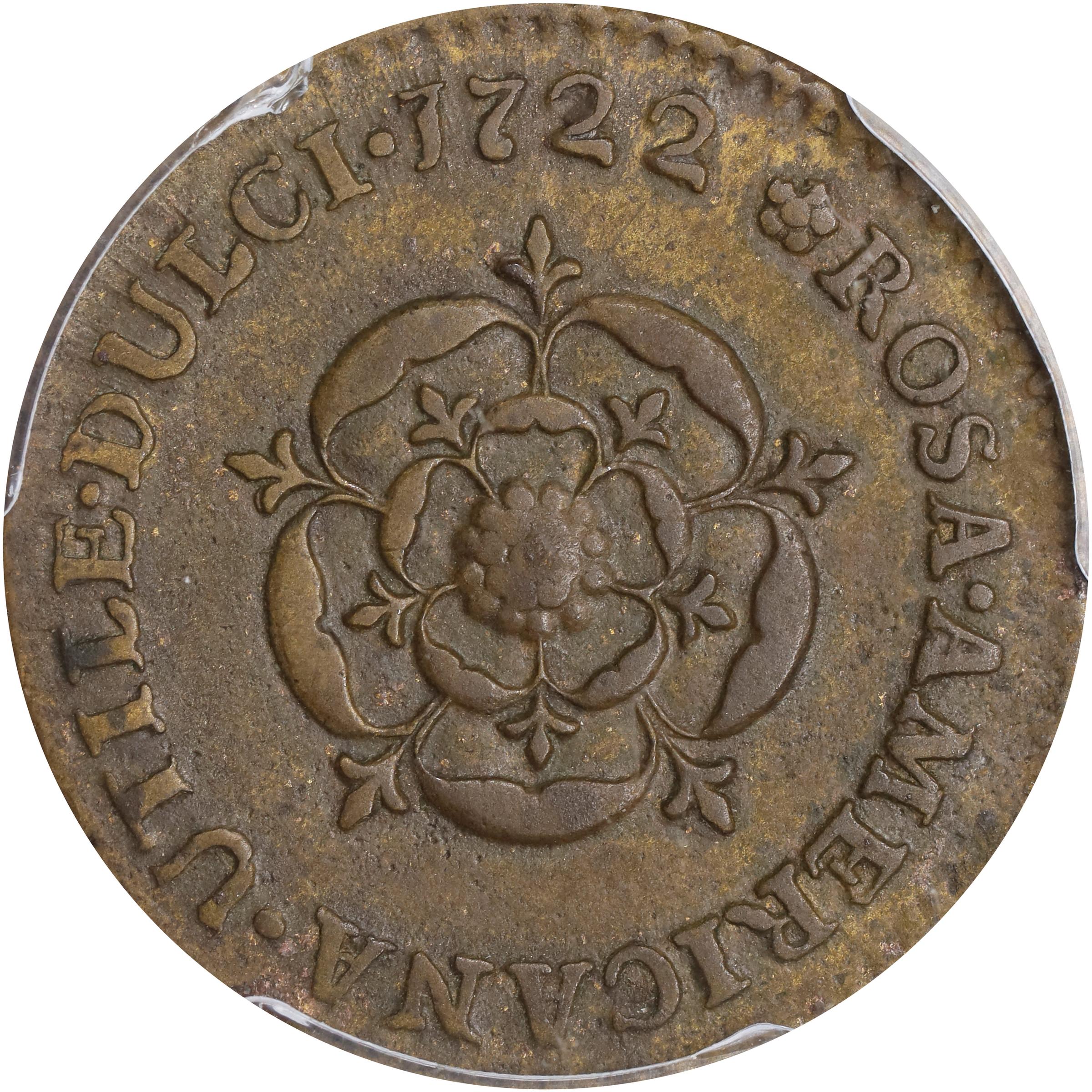 image for: 1722 Rosa Americana Halfpenny. Martin 3.11-C.3, W-1222. Rarity-6. DEI GRATIA REX / UTILE DULCI. AU-55 (PCGS).