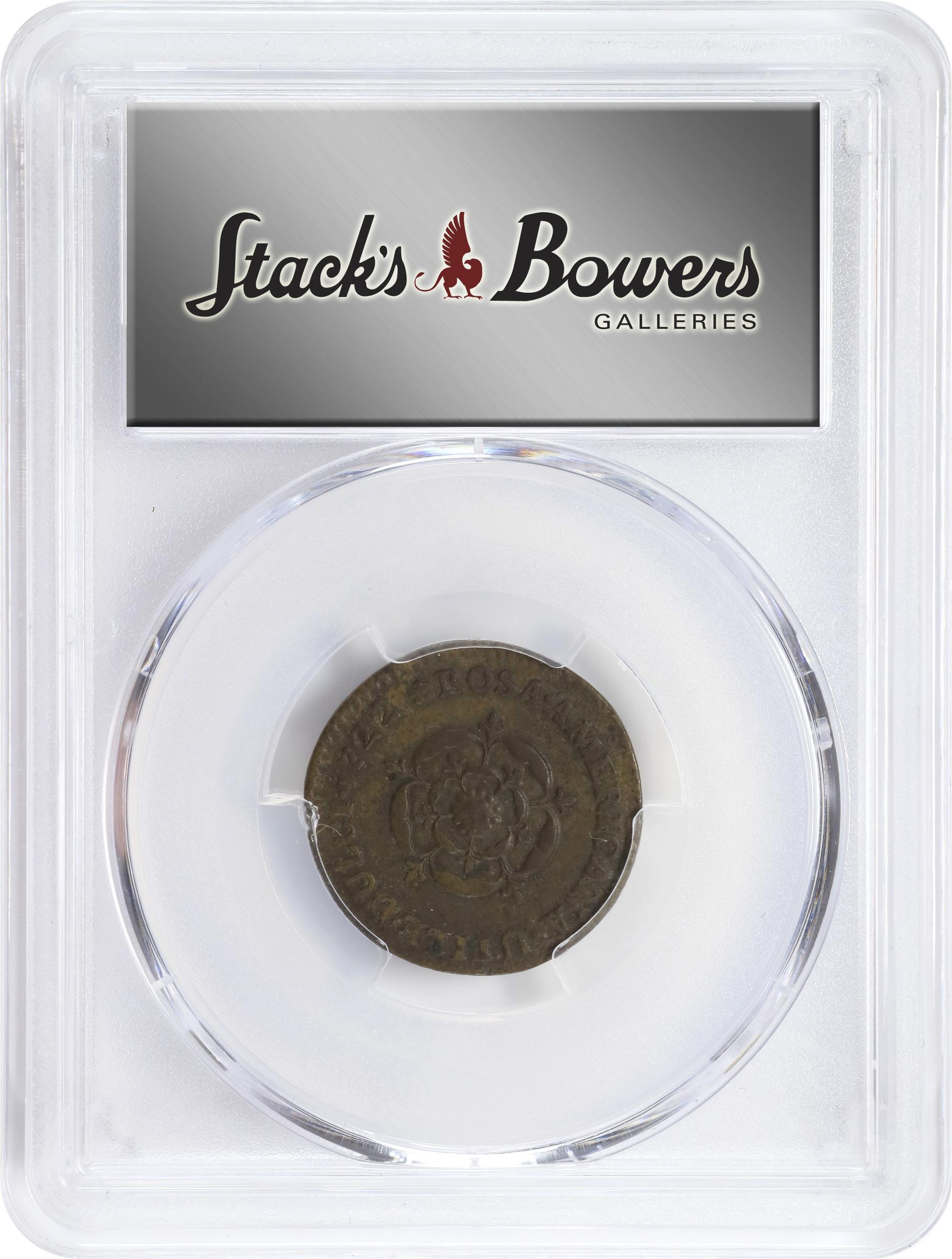 image for: 1722 Rosa Americana Halfpenny. Martin 3.11-C.3, W-1222. Rarity-6. DEI GRATIA REX / UTILE DULCI. AU-55 (PCGS).