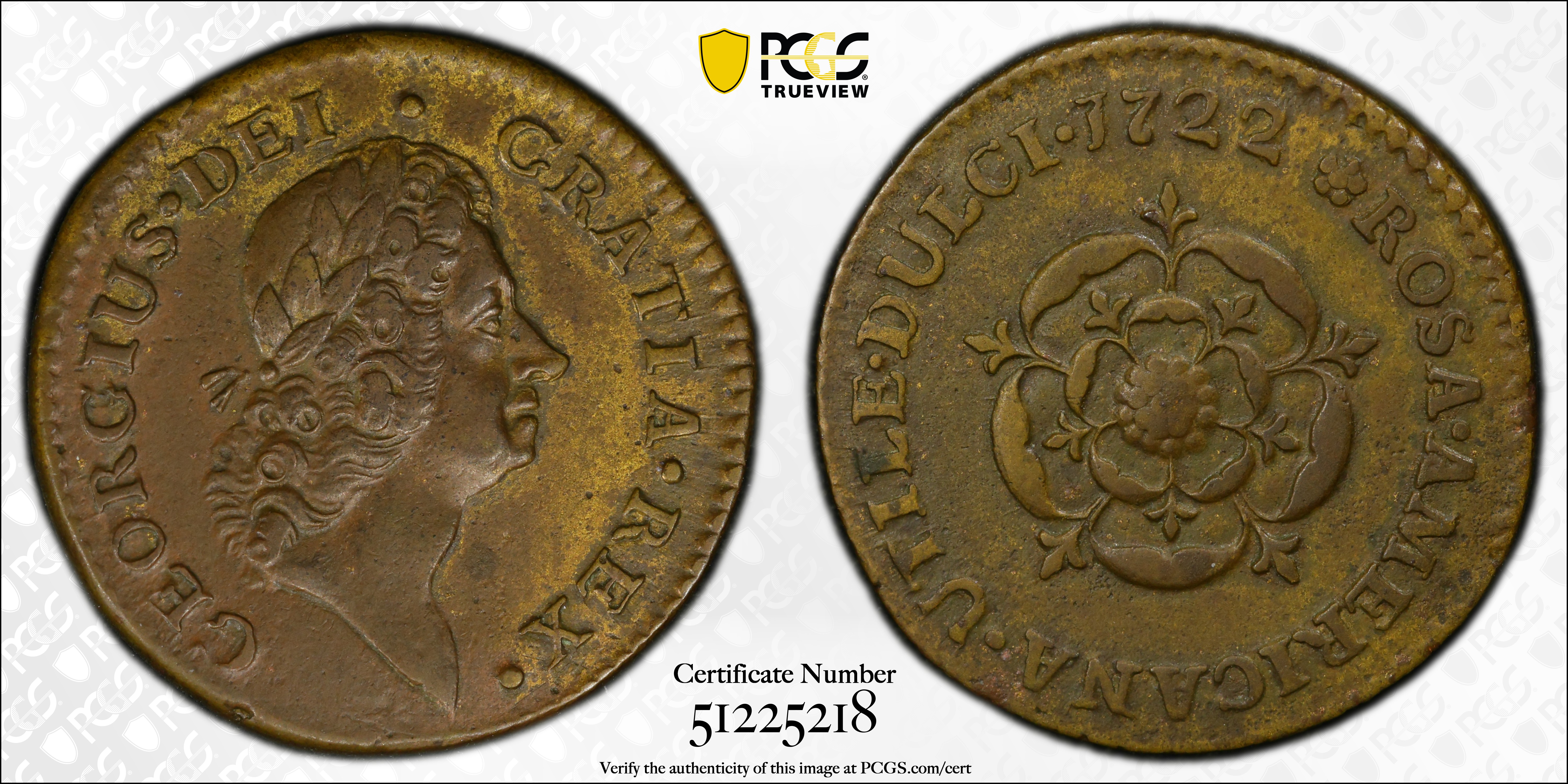 image for: 1722 Rosa Americana Halfpenny. Martin 3.11-C.3, W-1222. Rarity-6. DEI GRATIA REX / UTILE DULCI. AU-55 (PCGS).