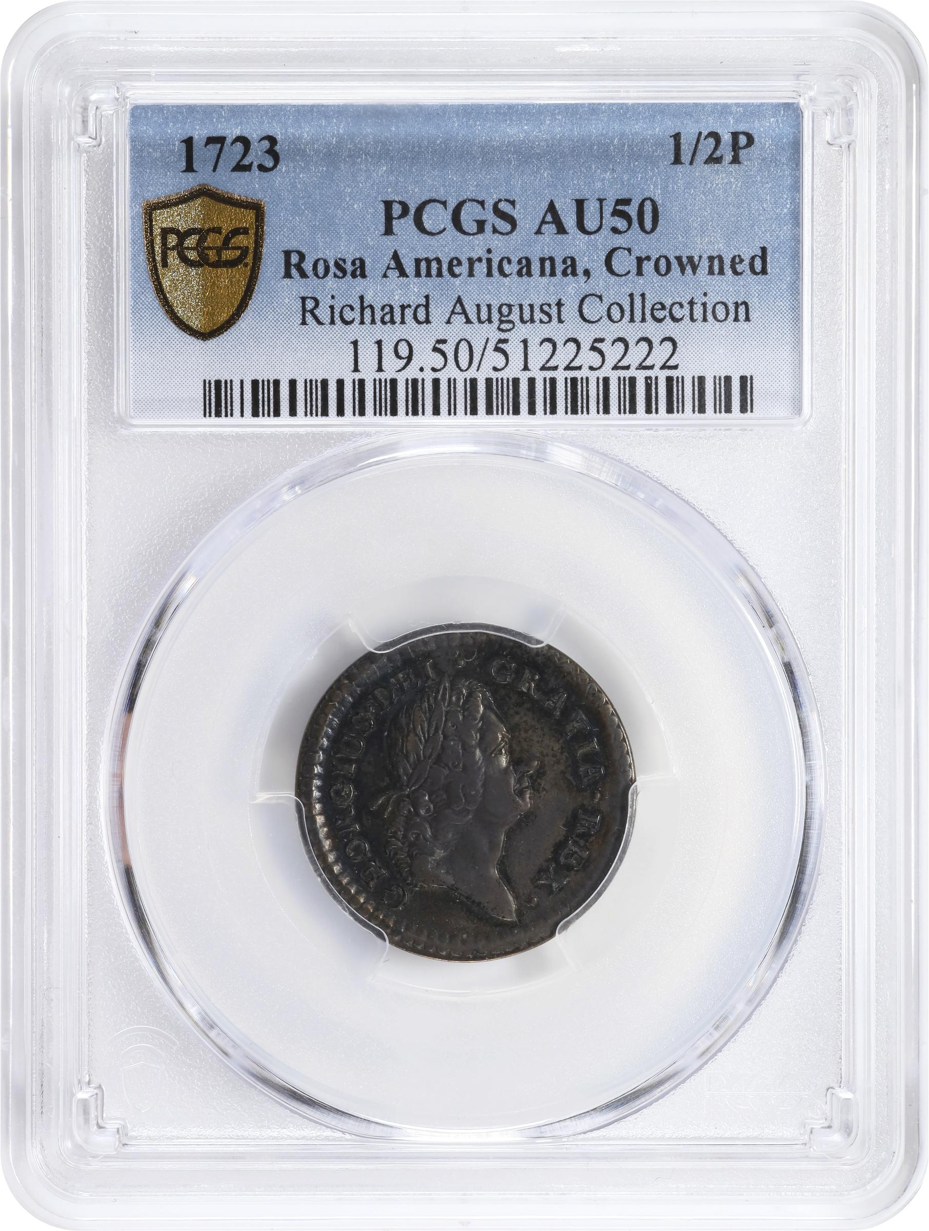 image for: 1723 Rosa Americana Halfpenny. Martin 3.7-F.1, W-1236. Rarity-4. Crowned Rose. AU-50 (PCGS).