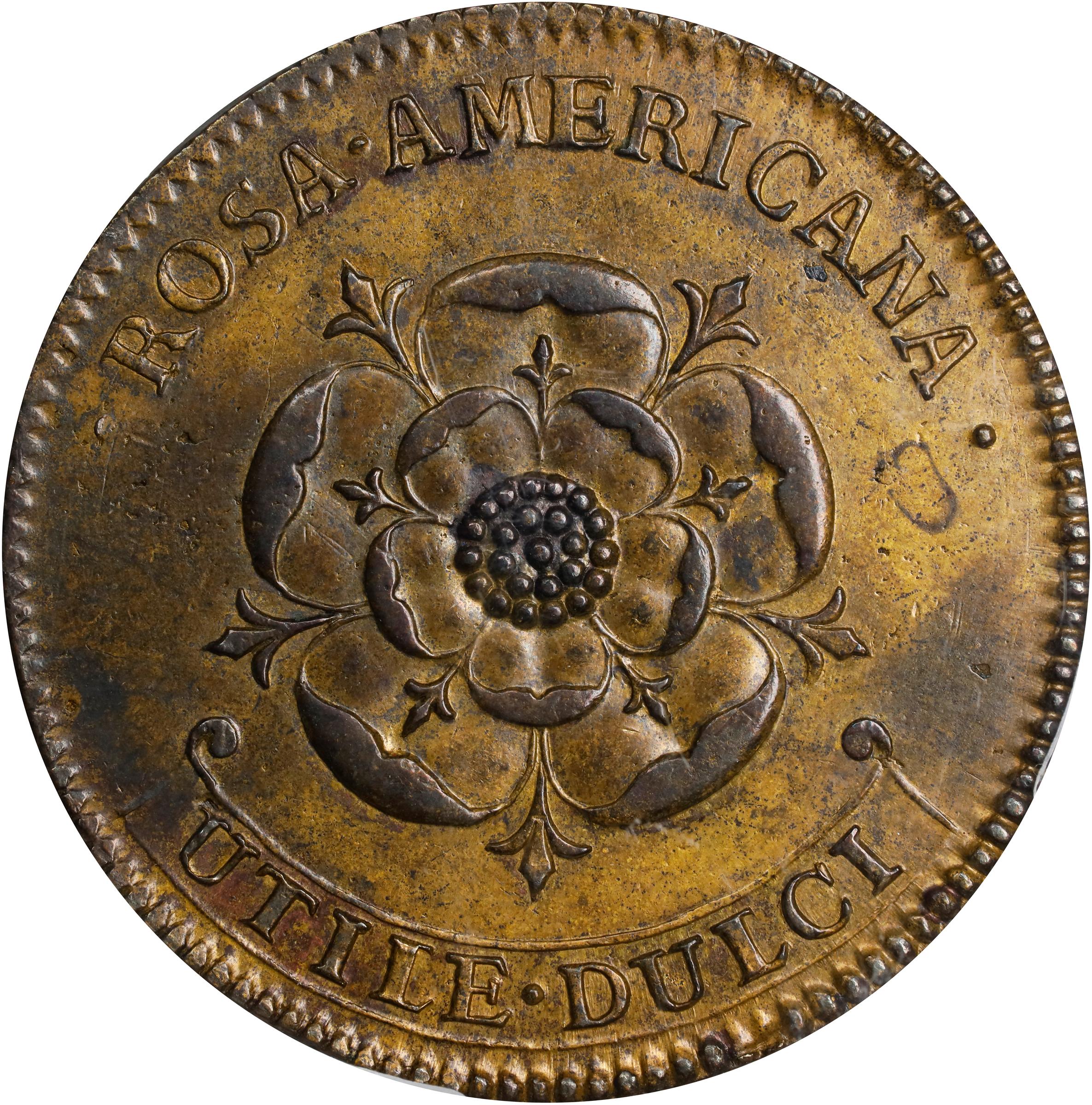 image for: Undated (1722) Rosa Americana Twopence. Martin 2.1-B.1, W-1322. Rarity-3. Motto in Ribbon. MS-62 (PCGS).