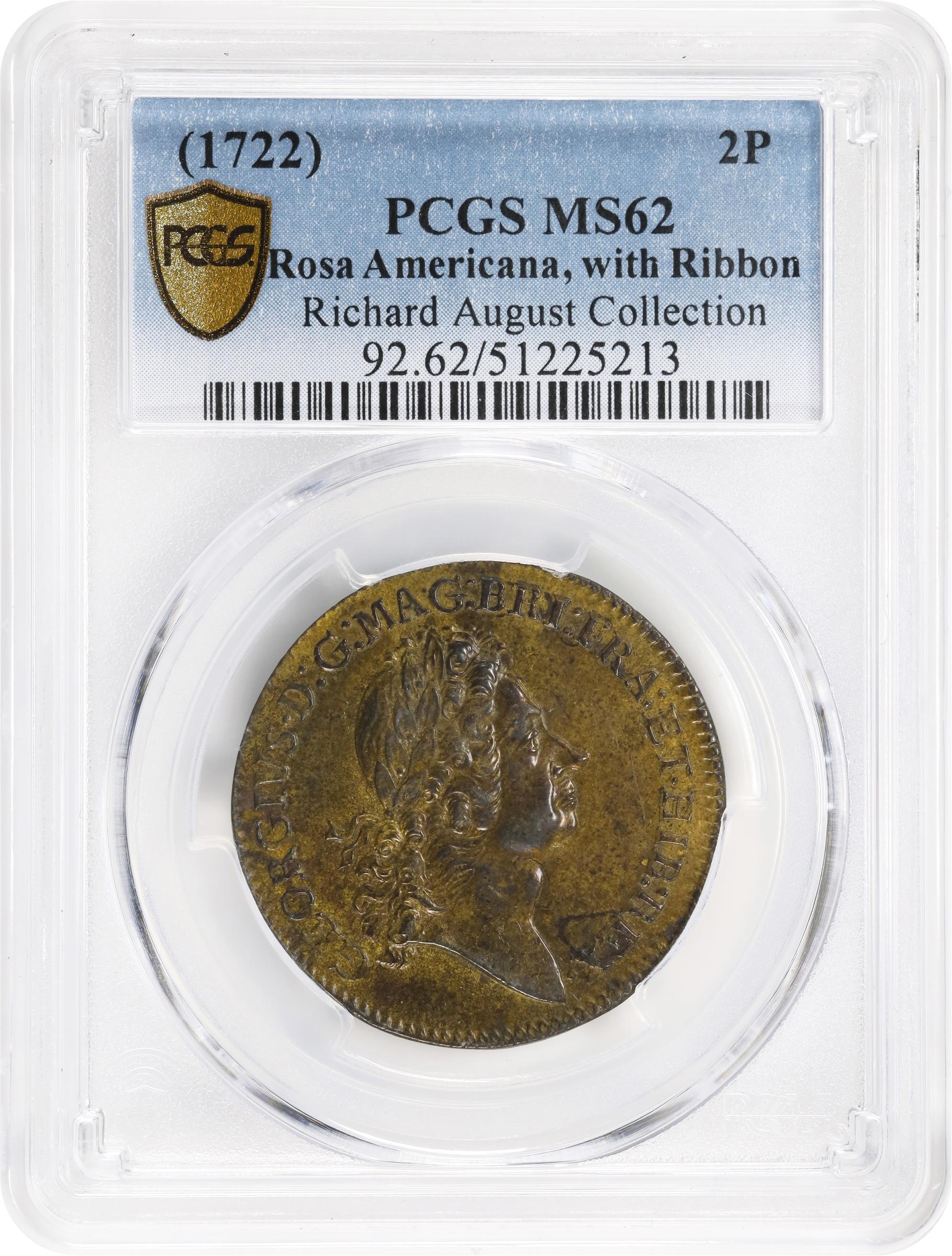 image for: Undated (1722) Rosa Americana Twopence. Martin 2.1-B.1, W-1322. Rarity-3. Motto in Ribbon. MS-62 (PCGS).