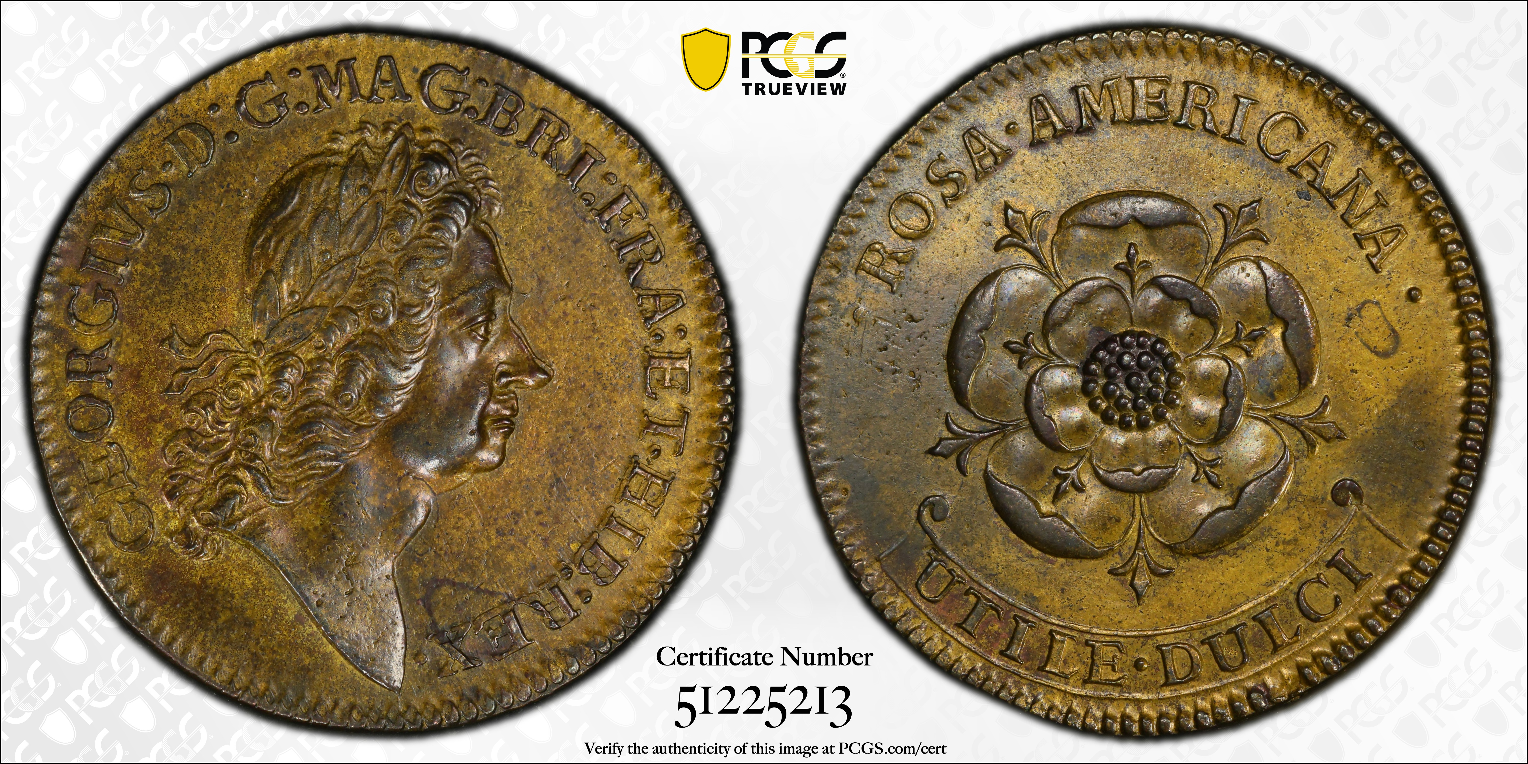 image for: Undated (1722) Rosa Americana Twopence. Martin 2.1-B.1, W-1322. Rarity-3. Motto in Ribbon. MS-62 (PCGS).