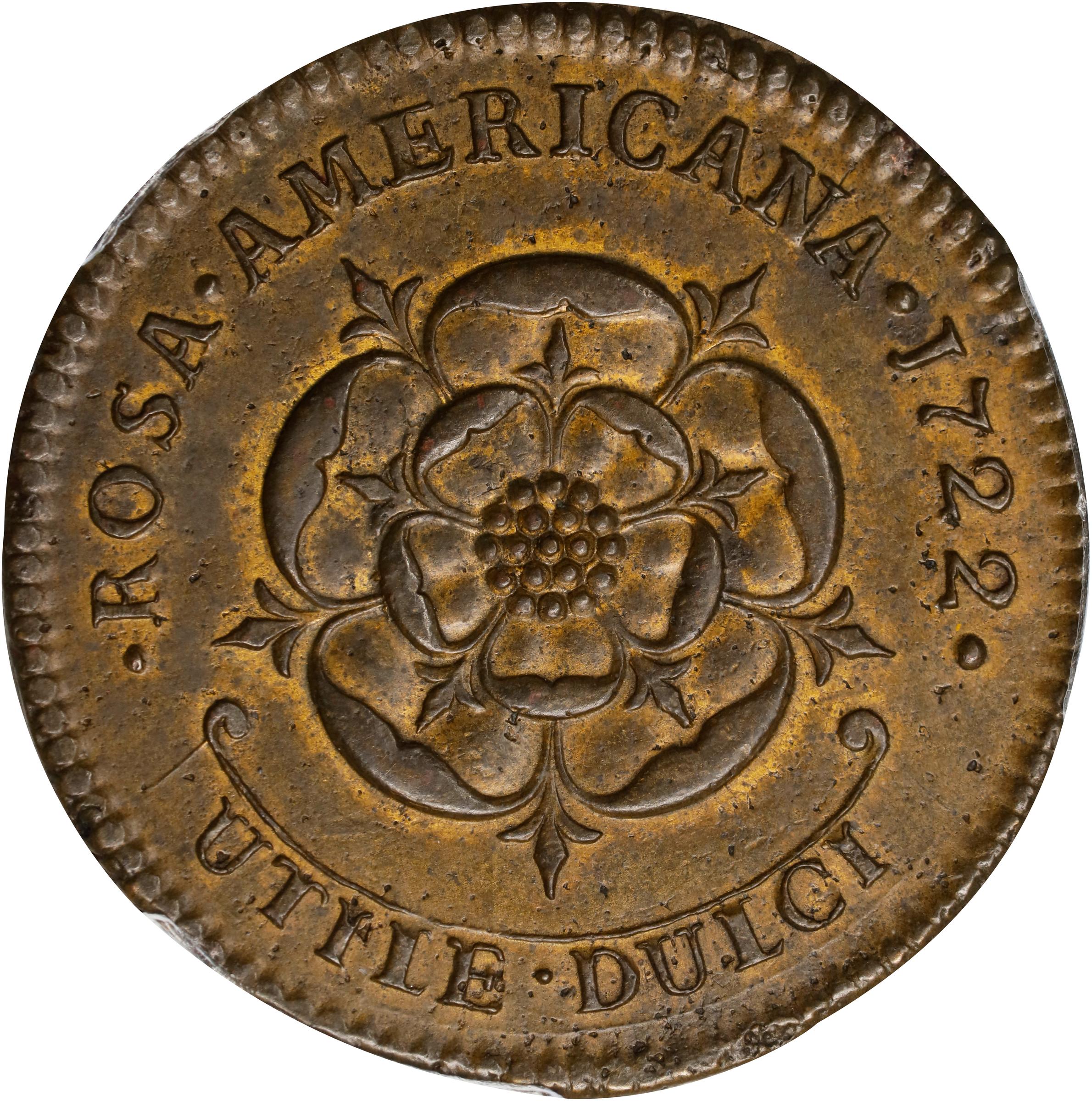 image for: 1722 Rosa Americana Twopence. Martin 3.12-C.2, W-1326. Rarity-3. Period After REX. MS-62 (PCGS).