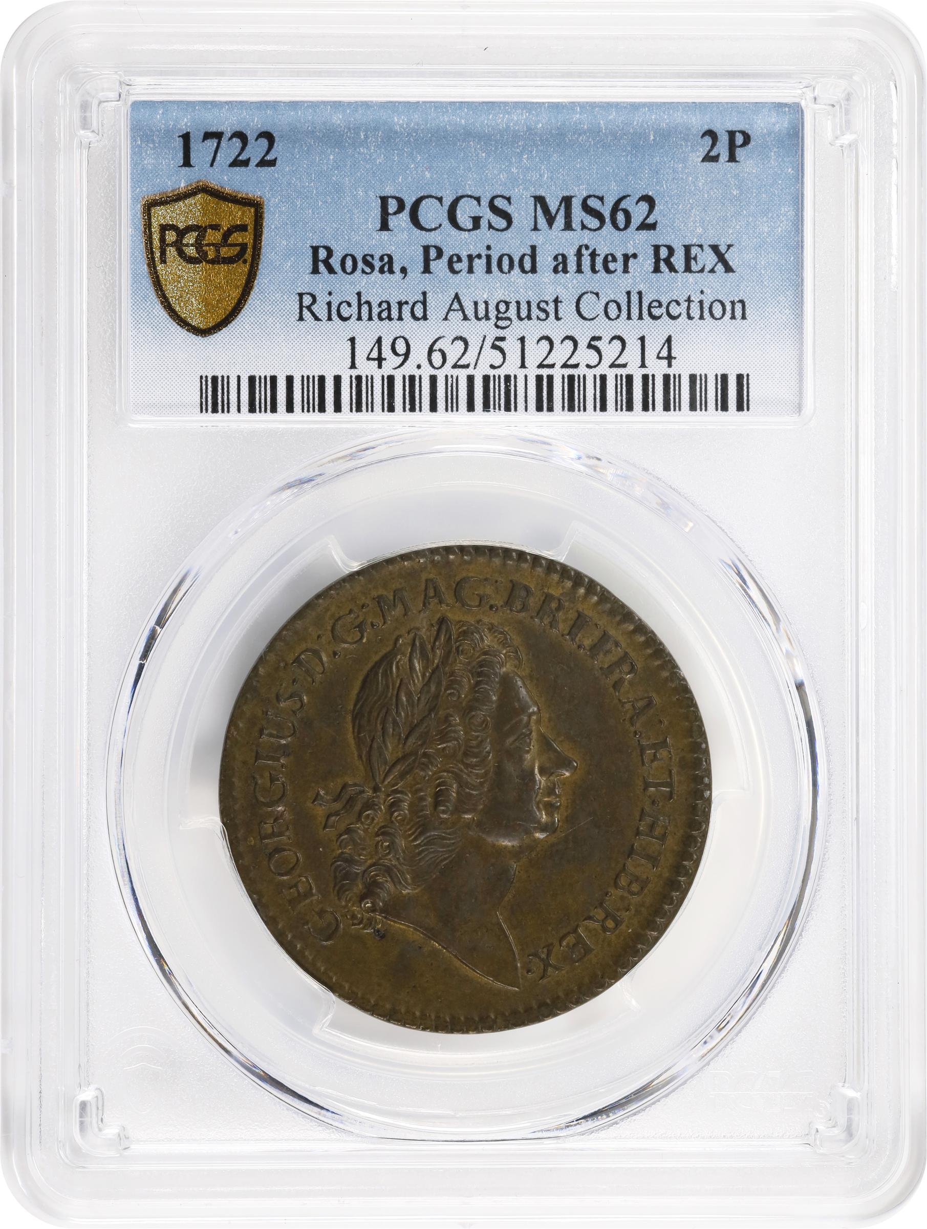 image for: 1722 Rosa Americana Twopence. Martin 3.12-C.2, W-1326. Rarity-3. Period After REX. MS-62 (PCGS).