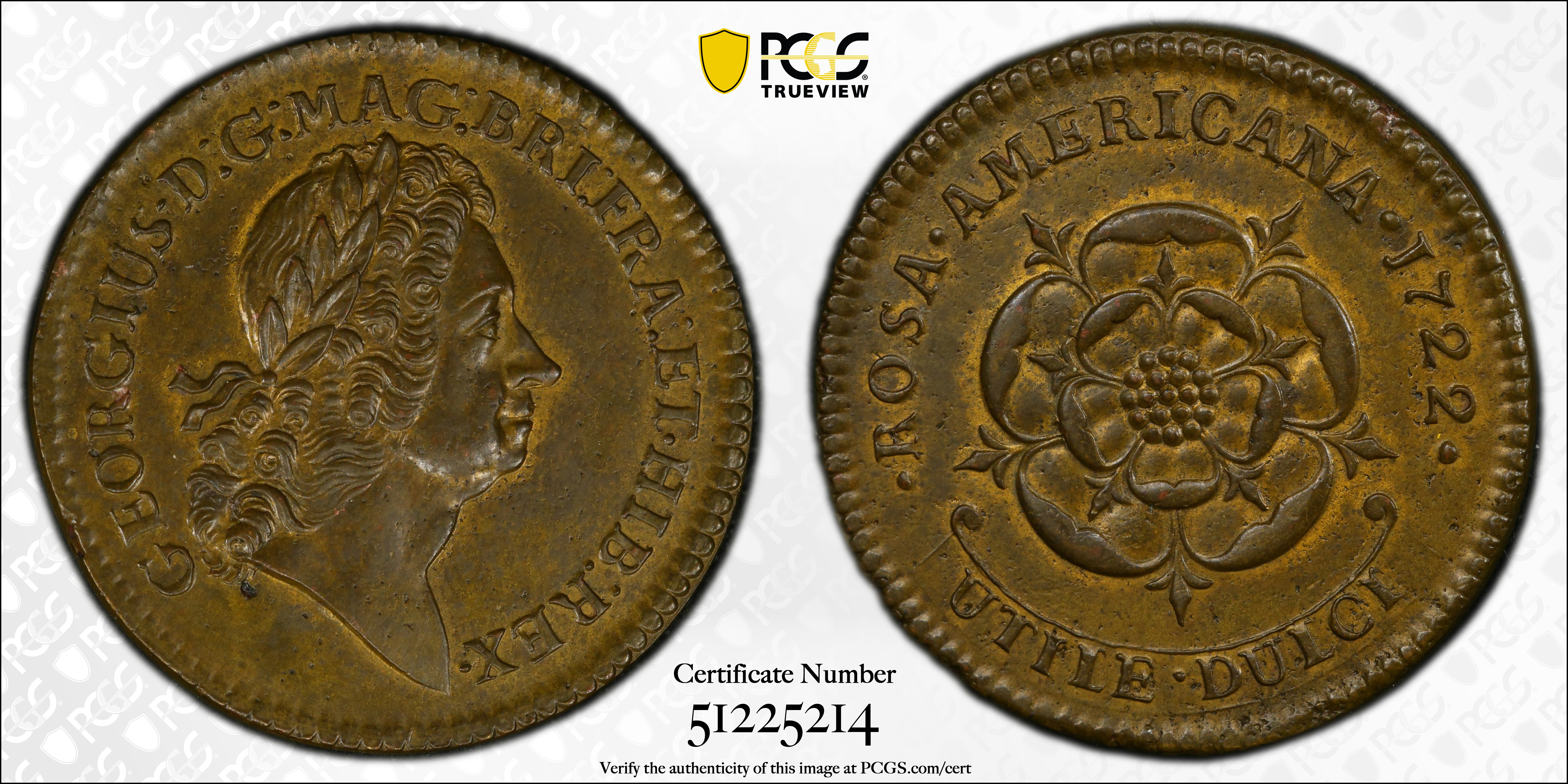 image for: 1722 Rosa Americana Twopence. Martin 3.12-C.2, W-1326. Rarity-3. Period After REX. MS-62 (PCGS).