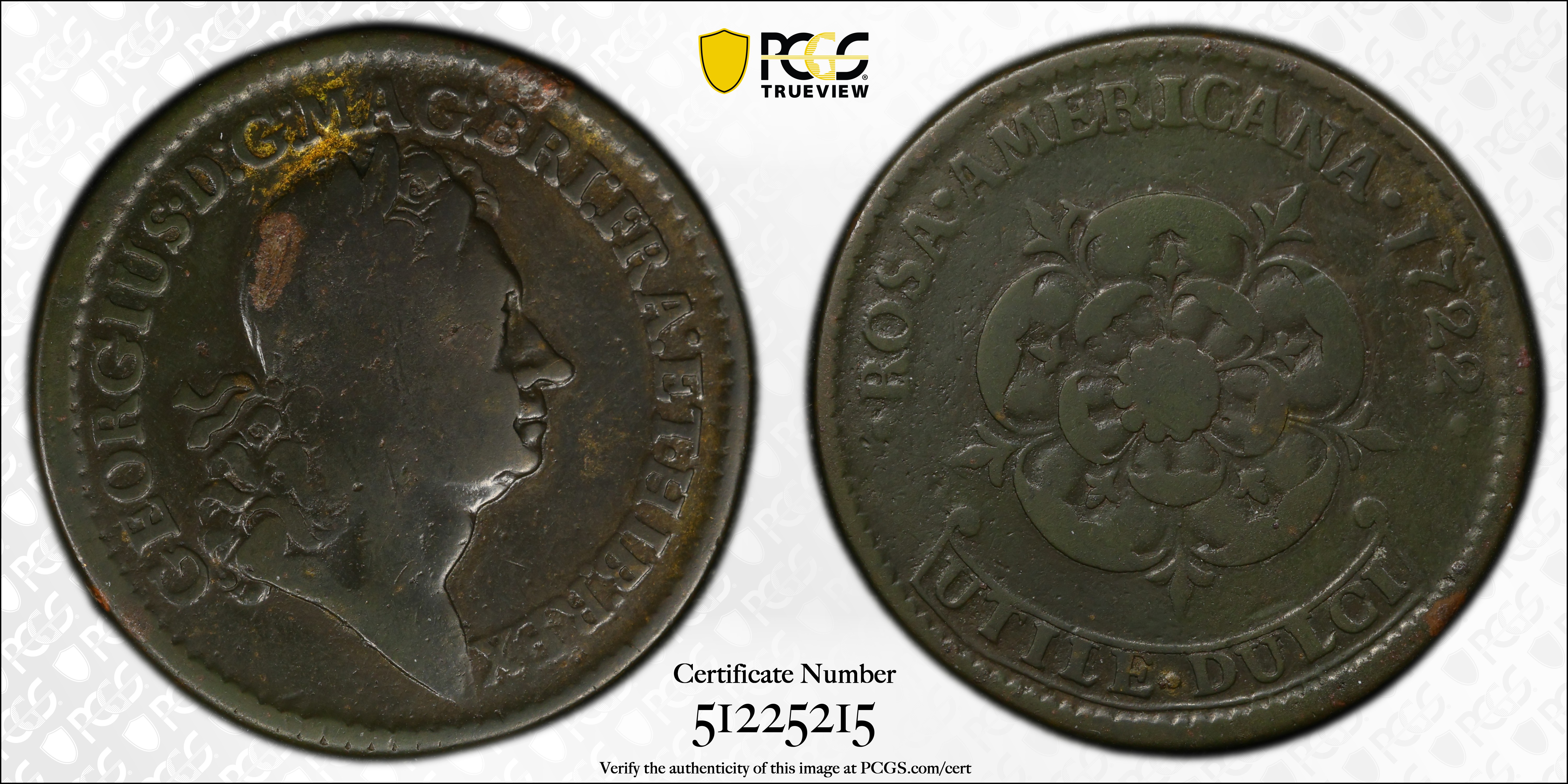 image for: 1722 Rosa Americana Twopence. Martin 4.4-C.1, W-1330. Rarity-5. No Period After REX. VG-10 (PCGS).