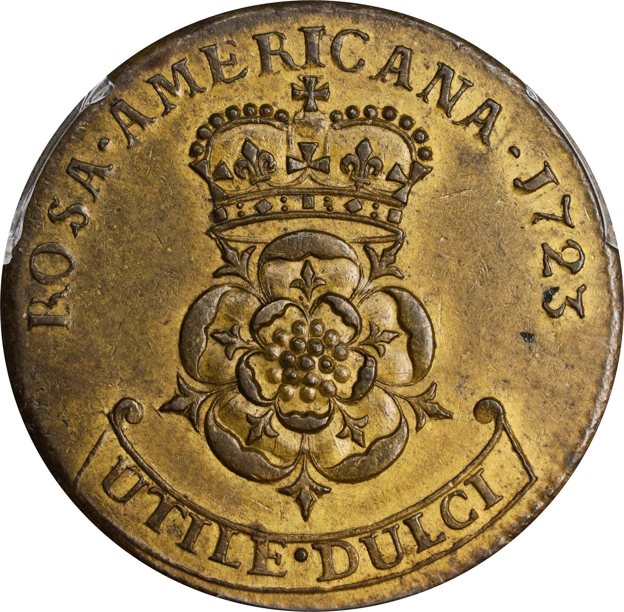 image for: 1723 Rosa Americana Twopence. Martin 4.6-E.12, W-1346. Rarity-6. MS-63 (PCGS).