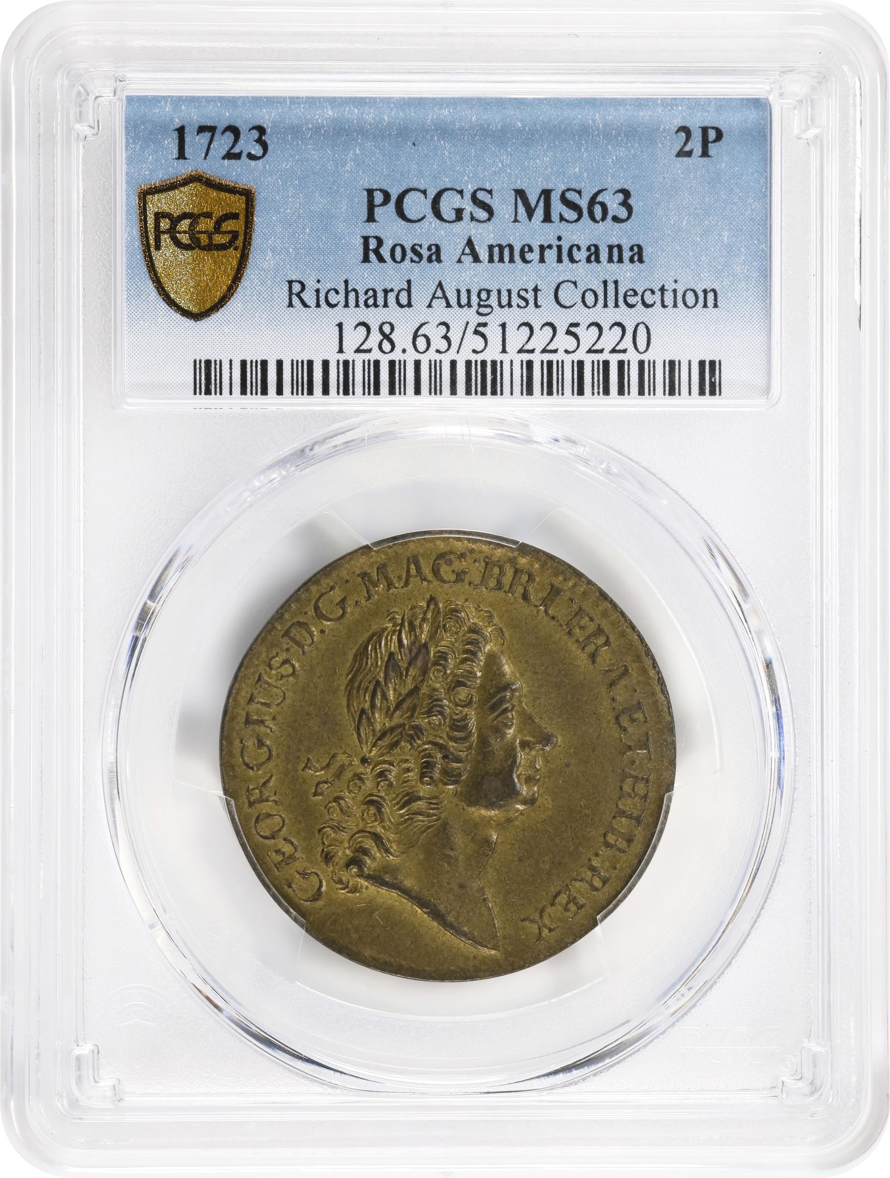 image for: 1723 Rosa Americana Twopence. Martin 4.6-E.12, W-1346. Rarity-6. MS-63 (PCGS).