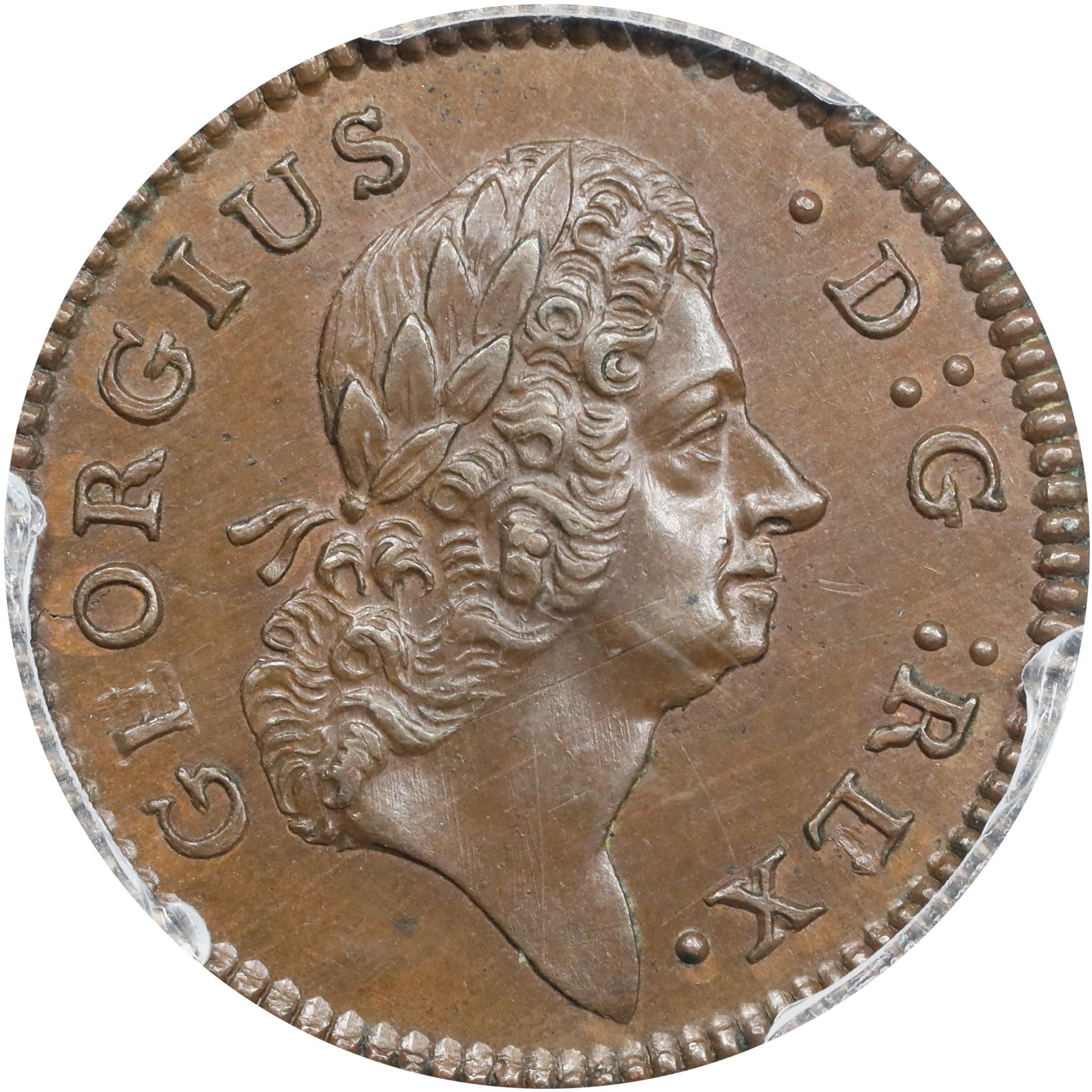 image for: 1722 Wood's Hibernia Farthing. Martin 1.1-A.1, W-12200. Rarity-5. D: G: REX, Harp Left. MS-65 BN (PCGS).