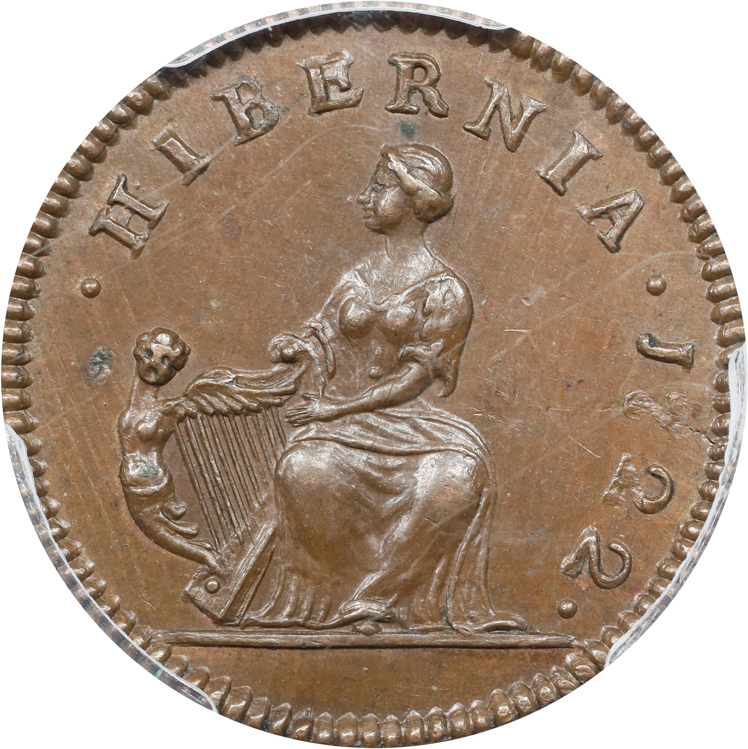 image for: 1722 Wood's Hibernia Farthing. Martin 1.1-A.1, W-12200. Rarity-5. D: G: REX, Harp Left. MS-65 BN (PCGS).