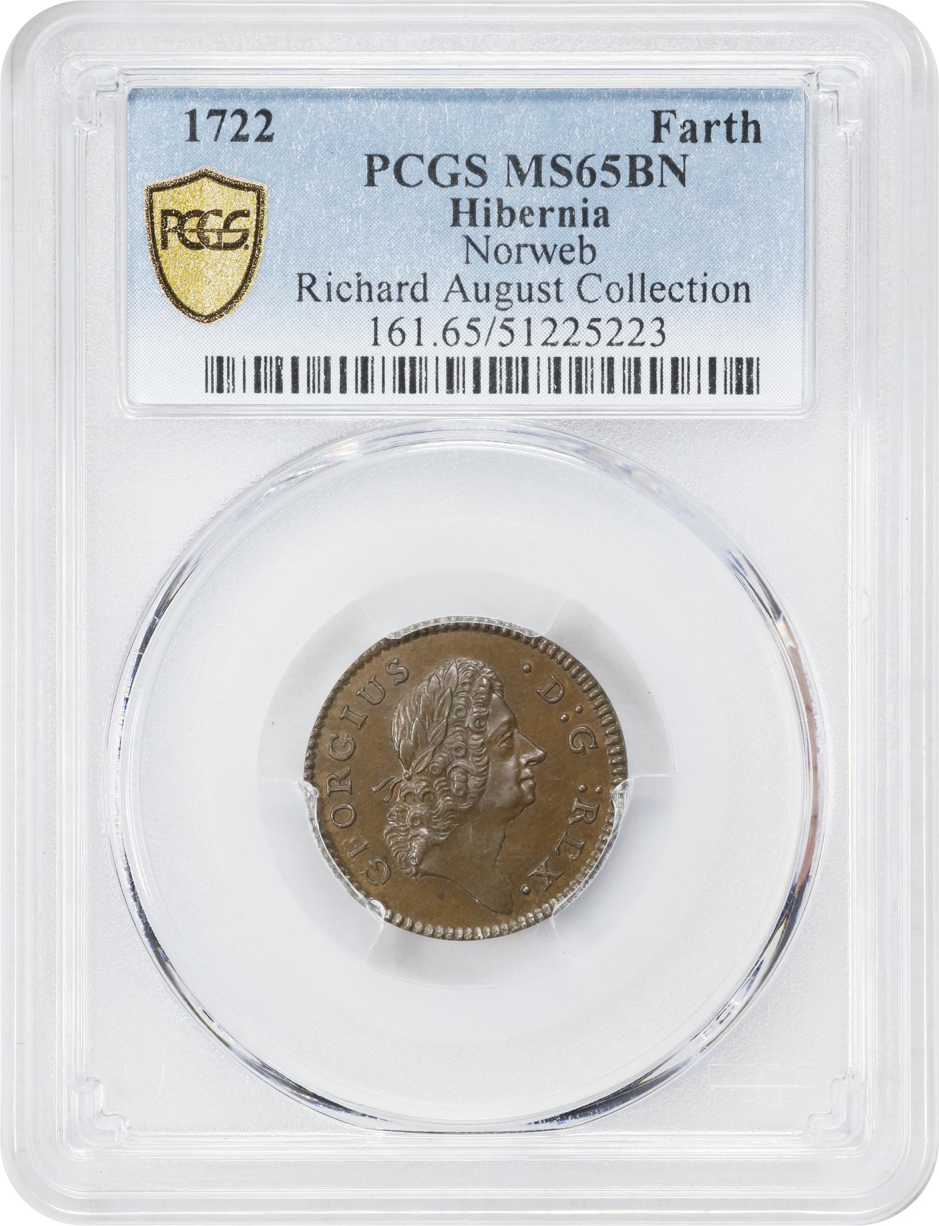 image for: 1722 Wood's Hibernia Farthing. Martin 1.1-A.1, W-12200. Rarity-5. D: G: REX, Harp Left. MS-65 BN (PCGS).