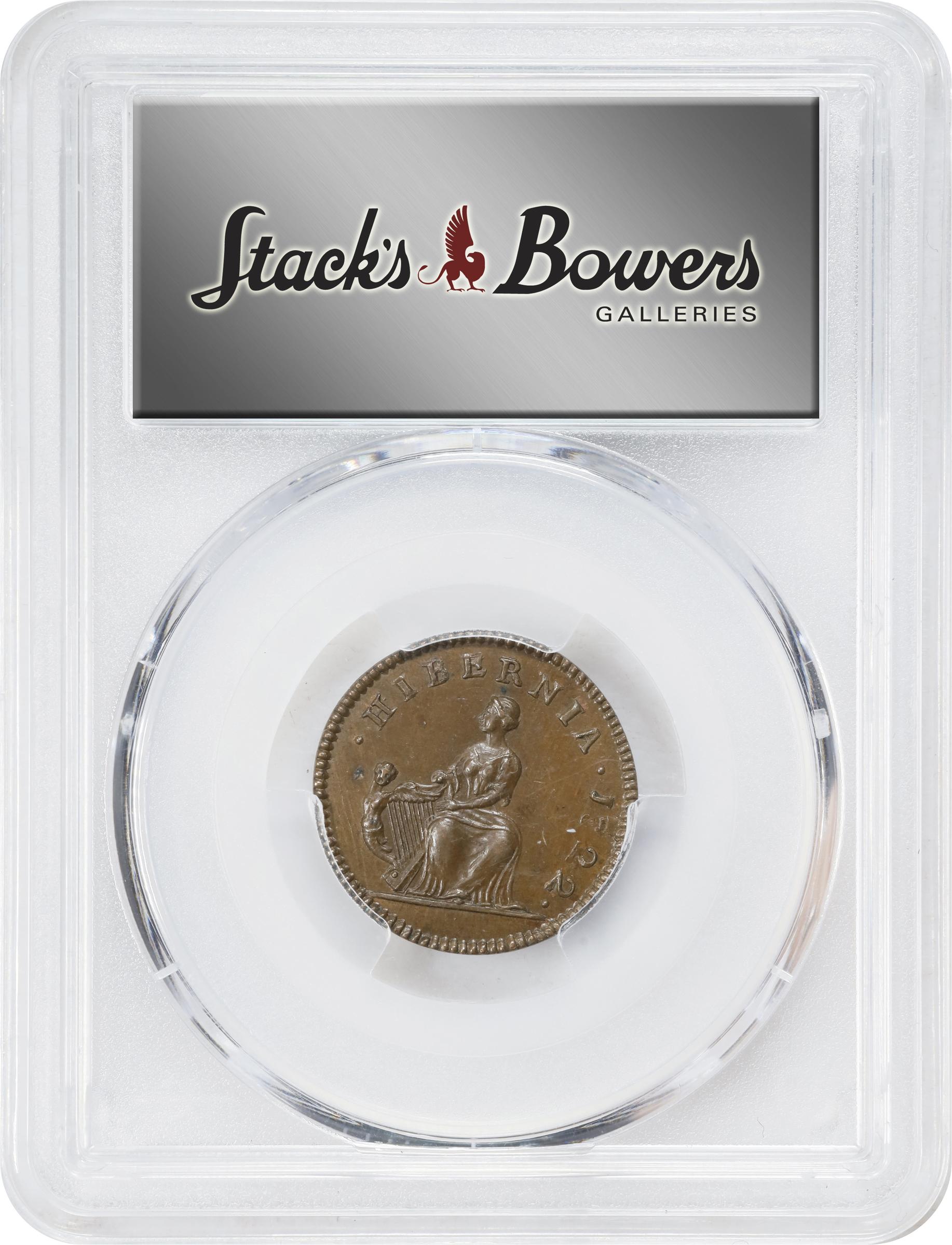 image for: 1722 Wood's Hibernia Farthing. Martin 1.1-A.1, W-12200. Rarity-5. D: G: REX, Harp Left. MS-65 BN (PCGS).