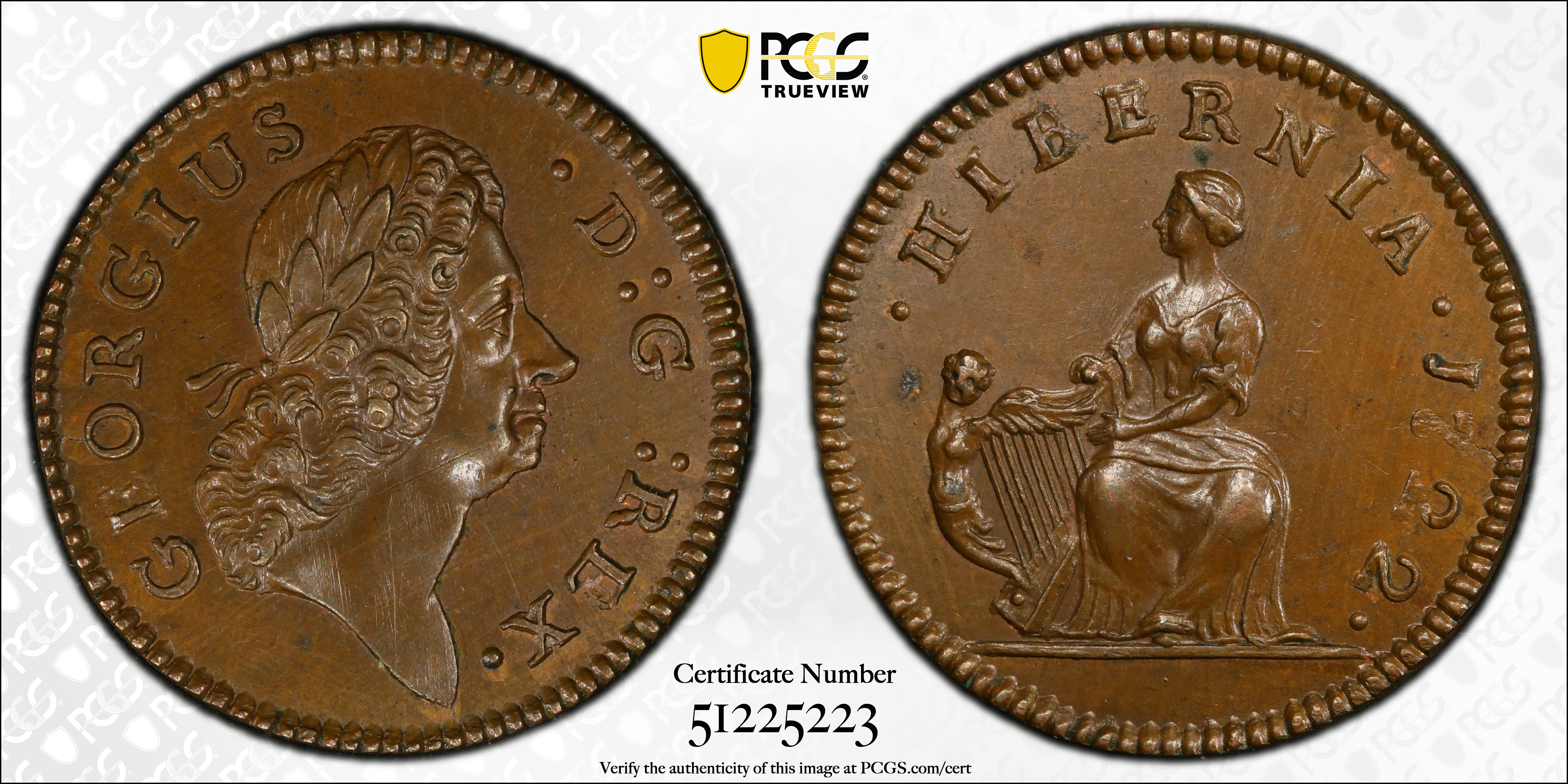 image for: 1722 Wood's Hibernia Farthing. Martin 1.1-A.1, W-12200. Rarity-5. D: G: REX, Harp Left. MS-65 BN (PCGS).