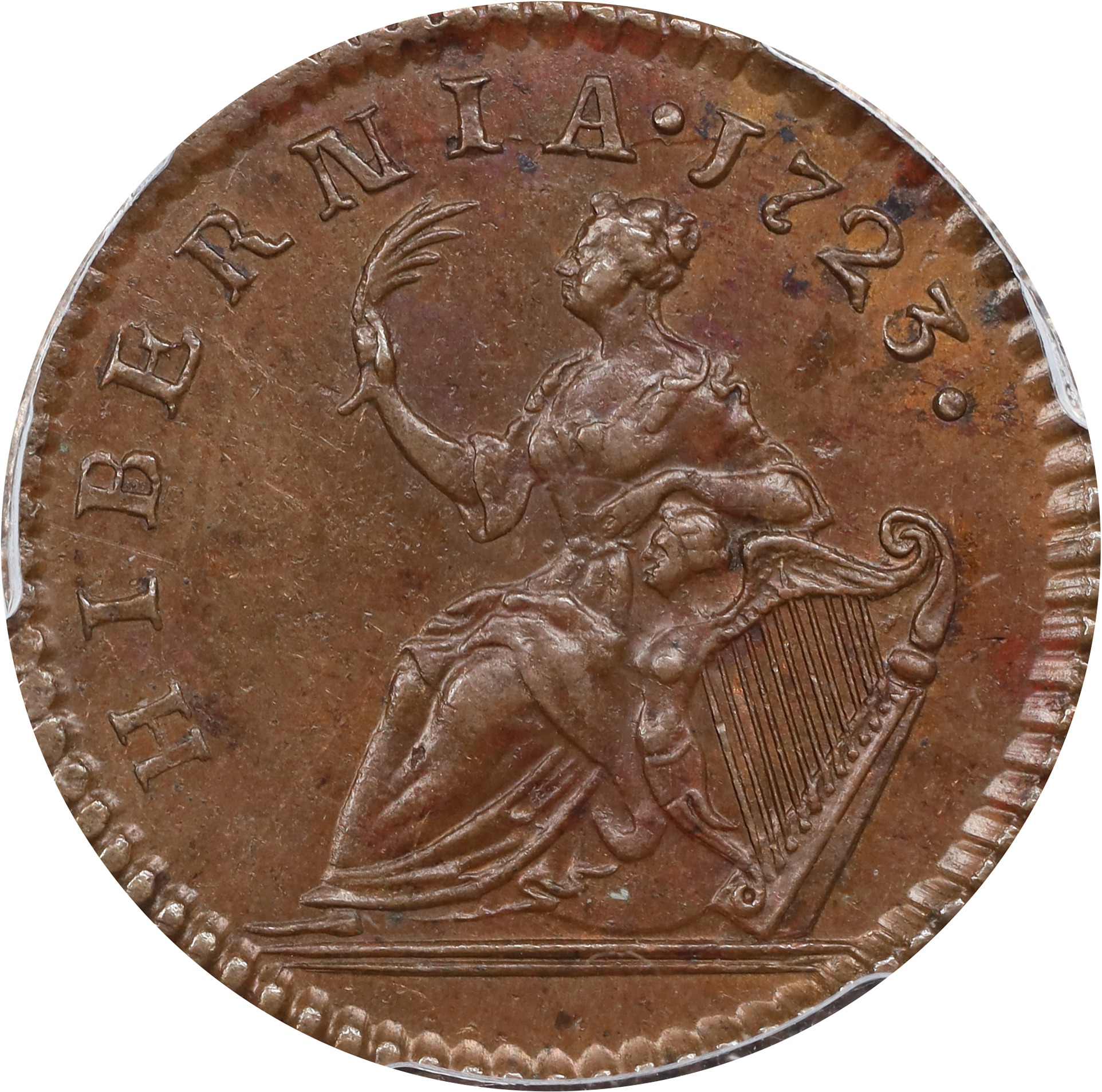 image for: 1723 Wood's Hibernia Farthing. Martin 1.1-Bc.1, W-12240. Rarity-5. D: G: REX. MS-62 BN (PCGS).