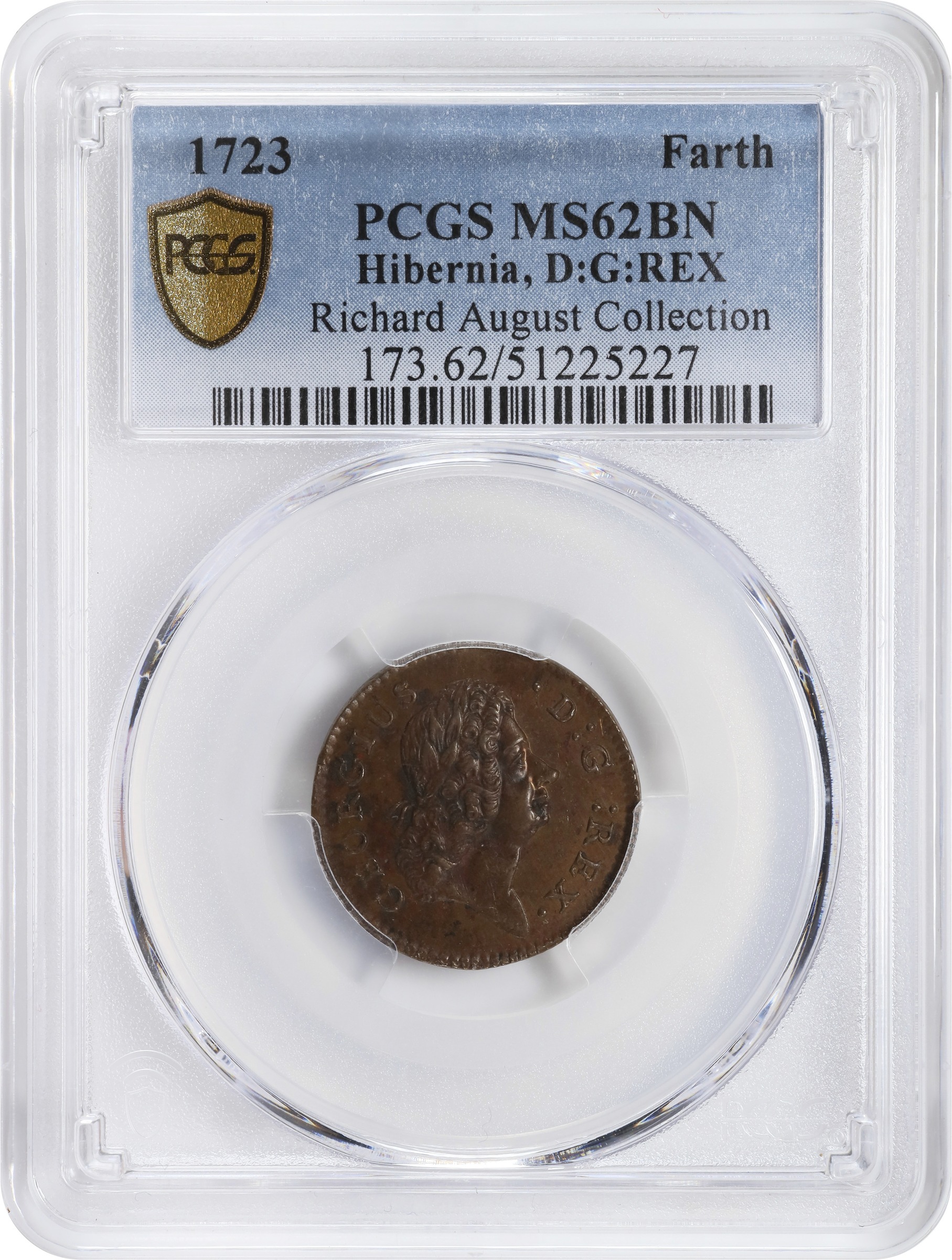 image for: 1723 Wood's Hibernia Farthing. Martin 1.1-Bc.1, W-12240. Rarity-5. D: G: REX. MS-62 BN (PCGS).