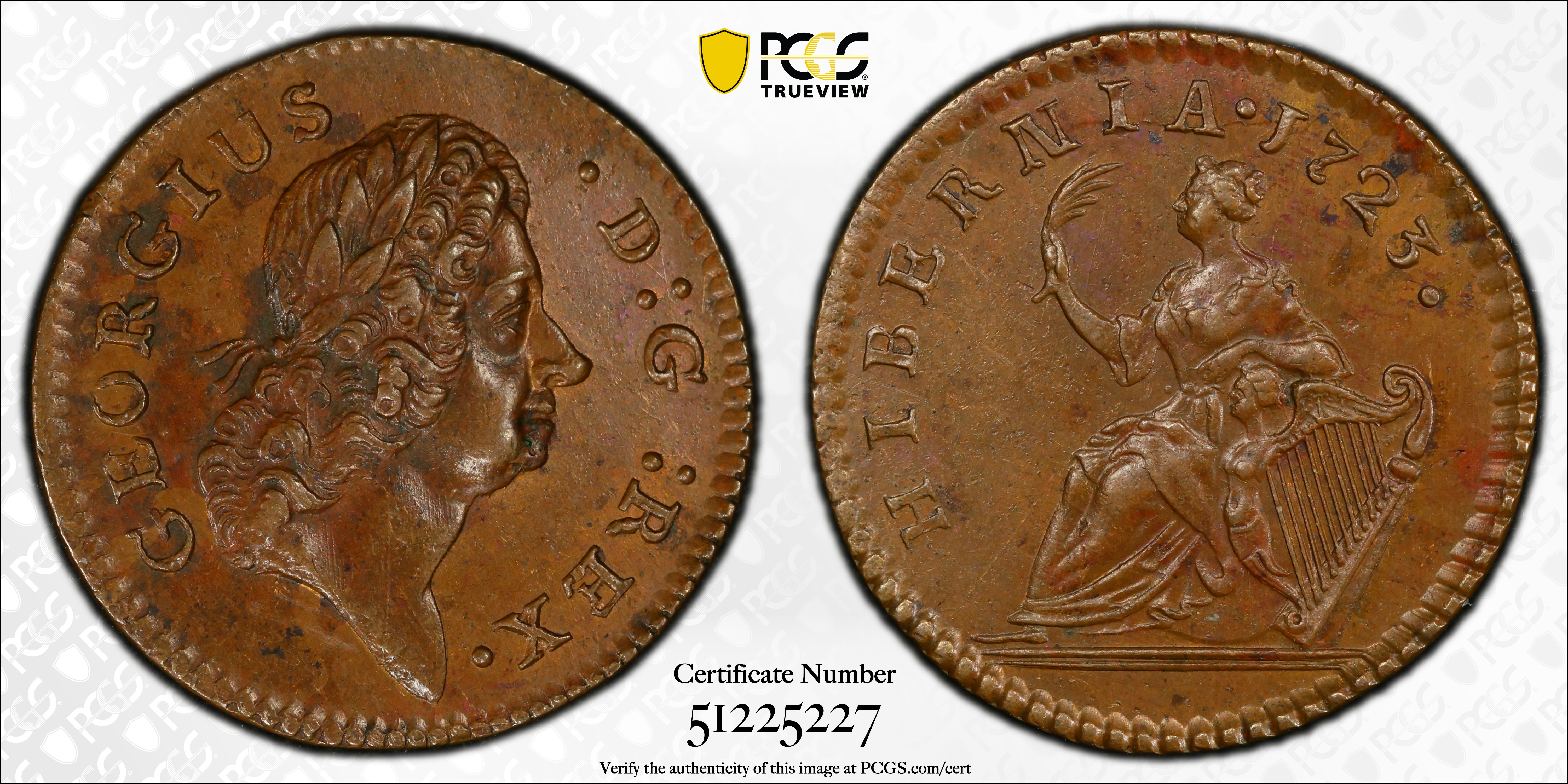 image for: 1723 Wood's Hibernia Farthing. Martin 1.1-Bc.1, W-12240. Rarity-5. D: G: REX. MS-62 BN (PCGS).