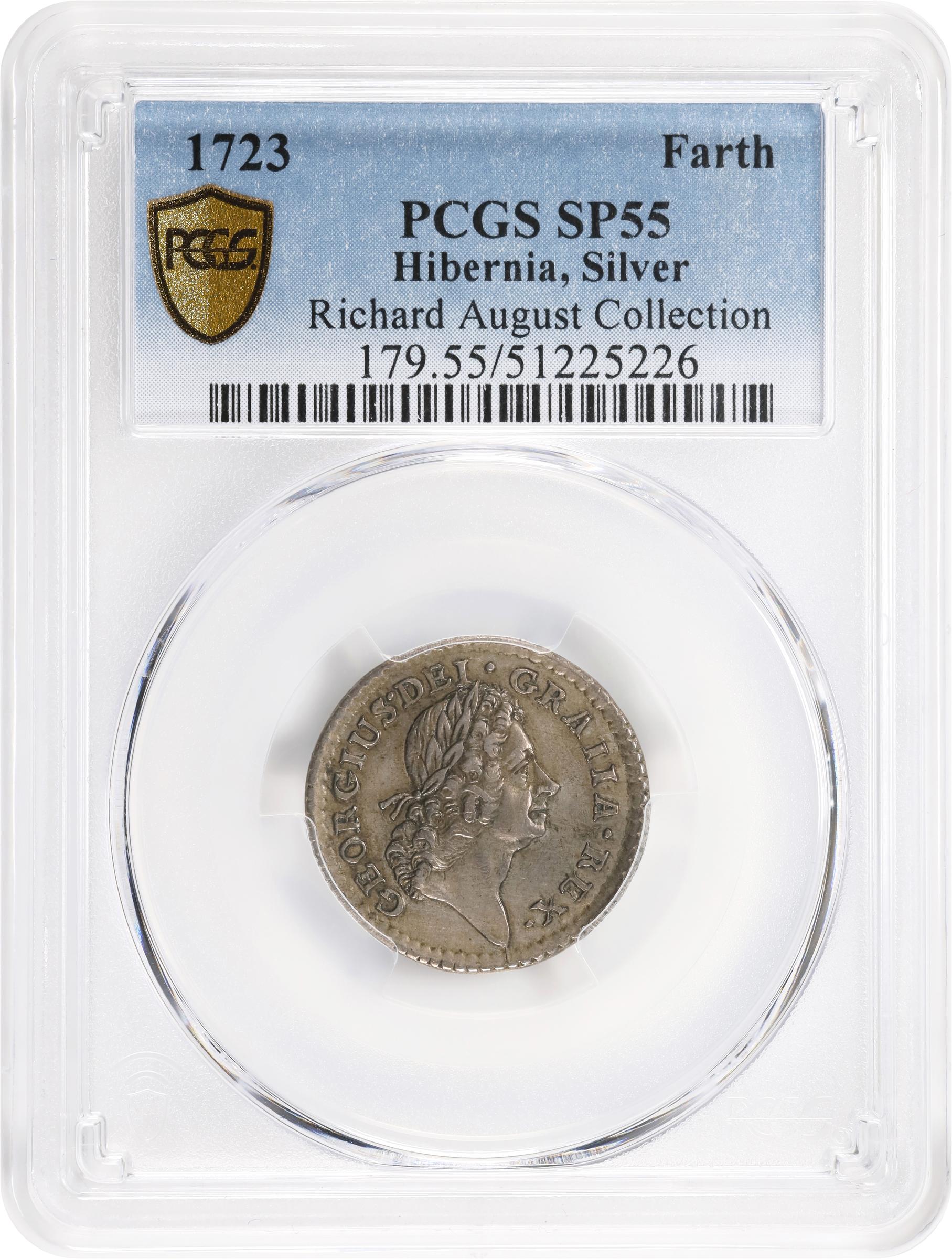 image for: 1723 Wood's Hibernia Farthing. Martin 3.2-Bc.10, W-12500. Rarity-5. Silver. Specimen-55 (PCGS).