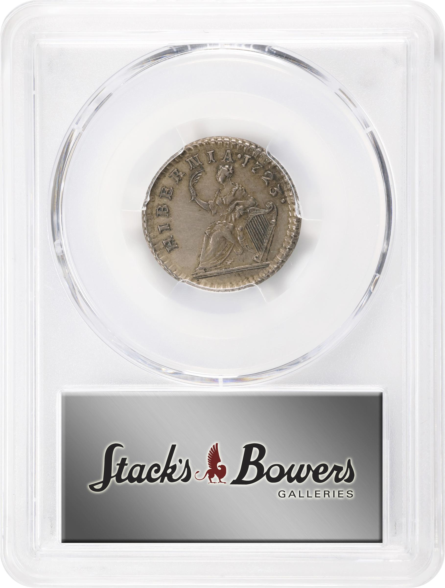image for: 1723 Wood's Hibernia Farthing. Martin 3.2-Bc.10, W-12500. Rarity-5. Silver. Specimen-55 (PCGS).