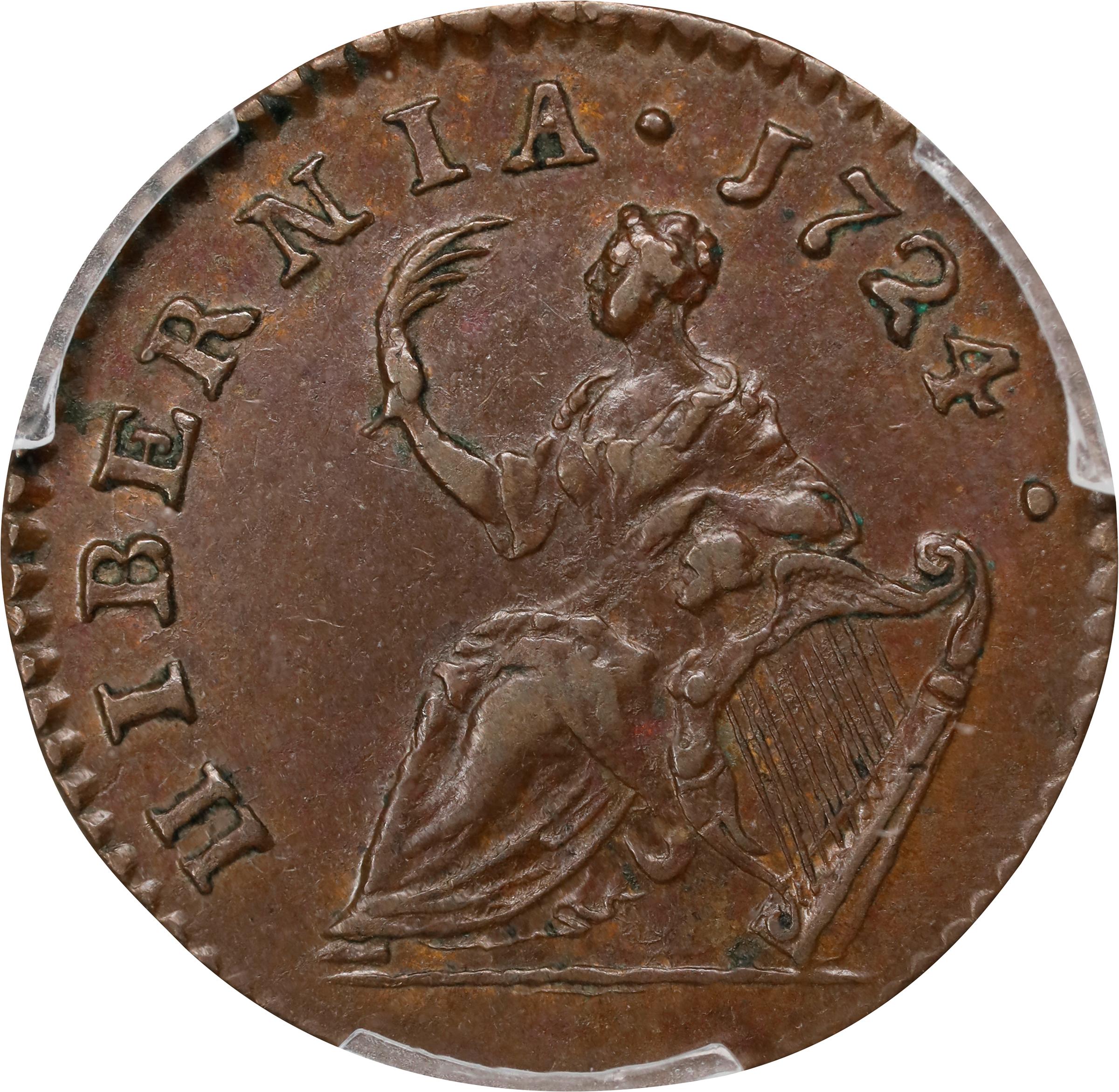 image for: 1724 Wood's Hibernia Farthing. Martin 3.9-D.1, W-12600. Rarity-4. AU-58 (PCGS).