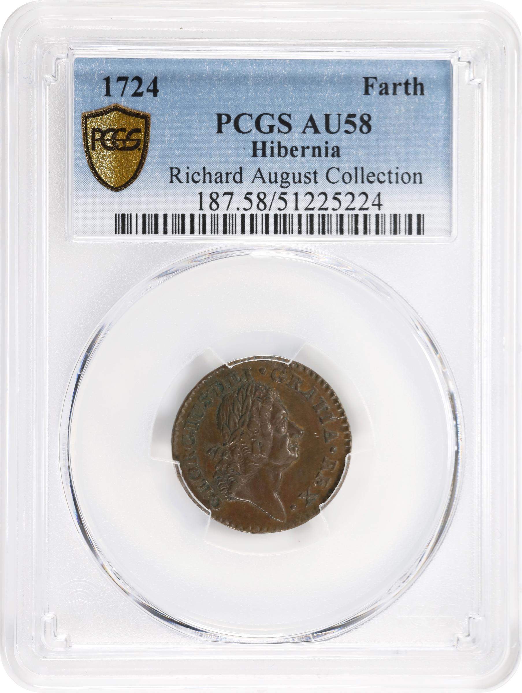 image for: 1724 Wood's Hibernia Farthing. Martin 3.9-D.1, W-12600. Rarity-4. AU-58 (PCGS).