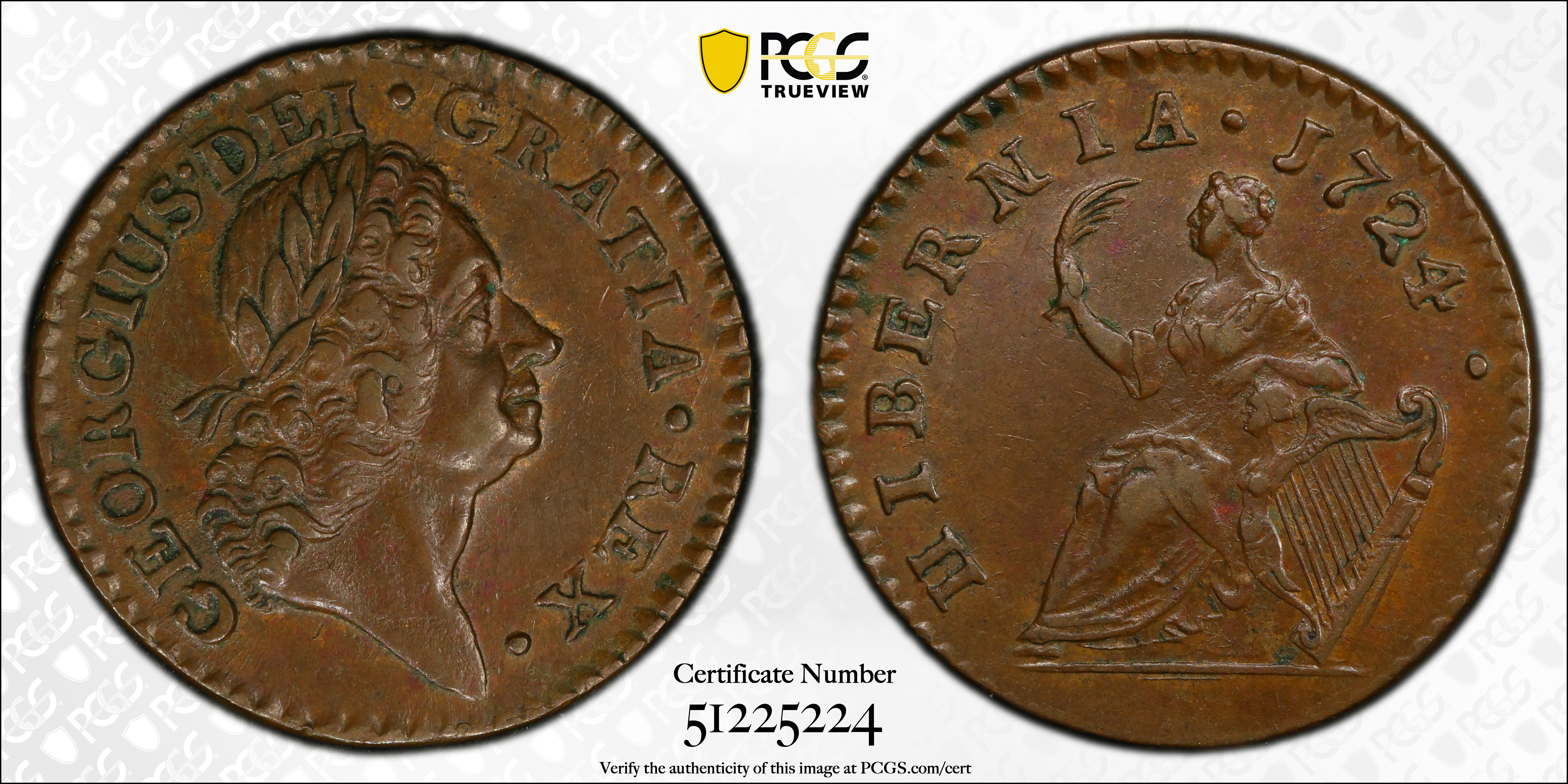 image for: 1724 Wood's Hibernia Farthing. Martin 3.9-D.1, W-12600. Rarity-4. AU-58 (PCGS).