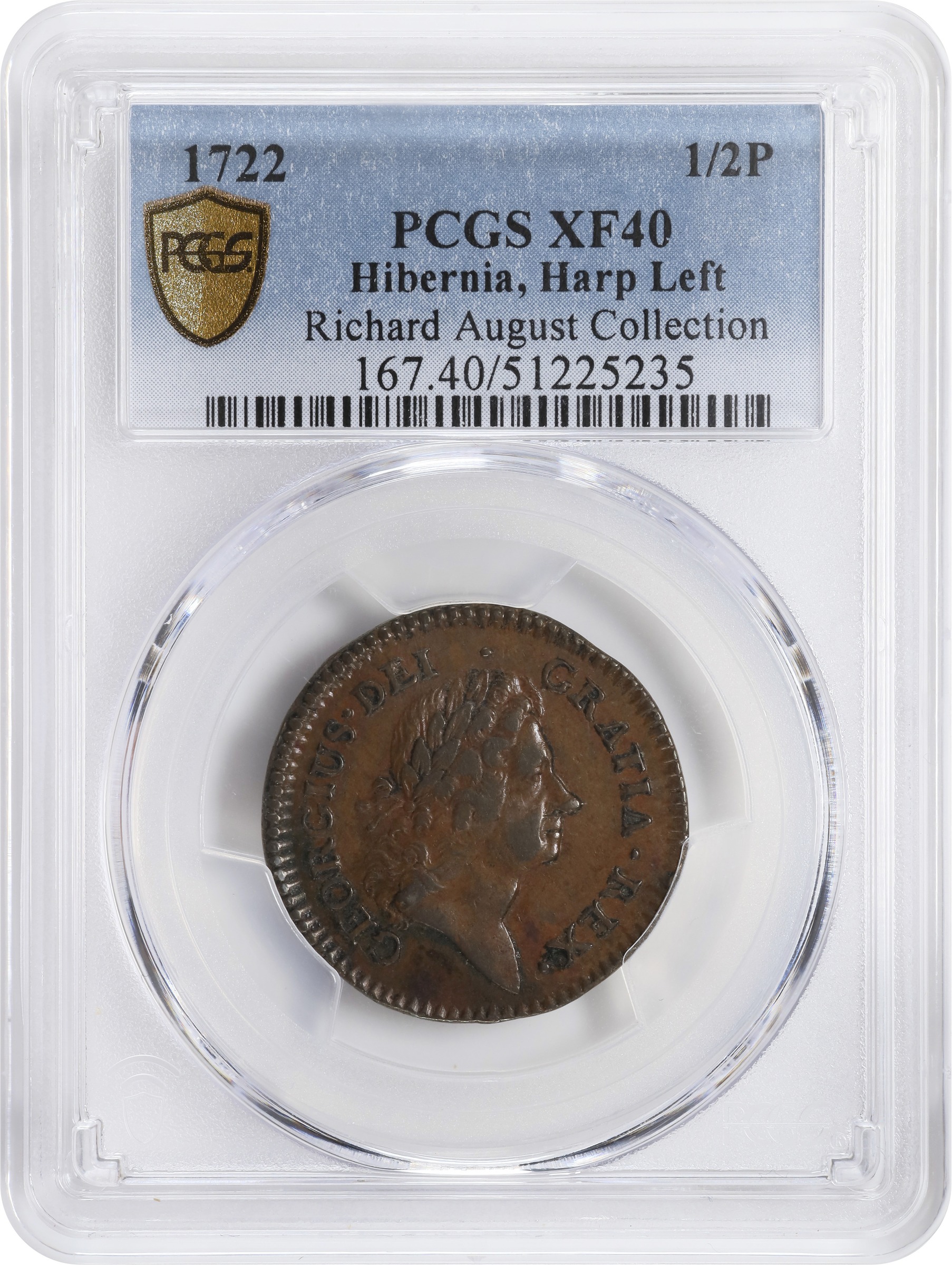image for: 1722 Wood's Hibernia Halfpenny. Martin 4.1-Bb.2, W-12690. Rarity-3. First Type, Harp at Left. EF-40 (PCGS).