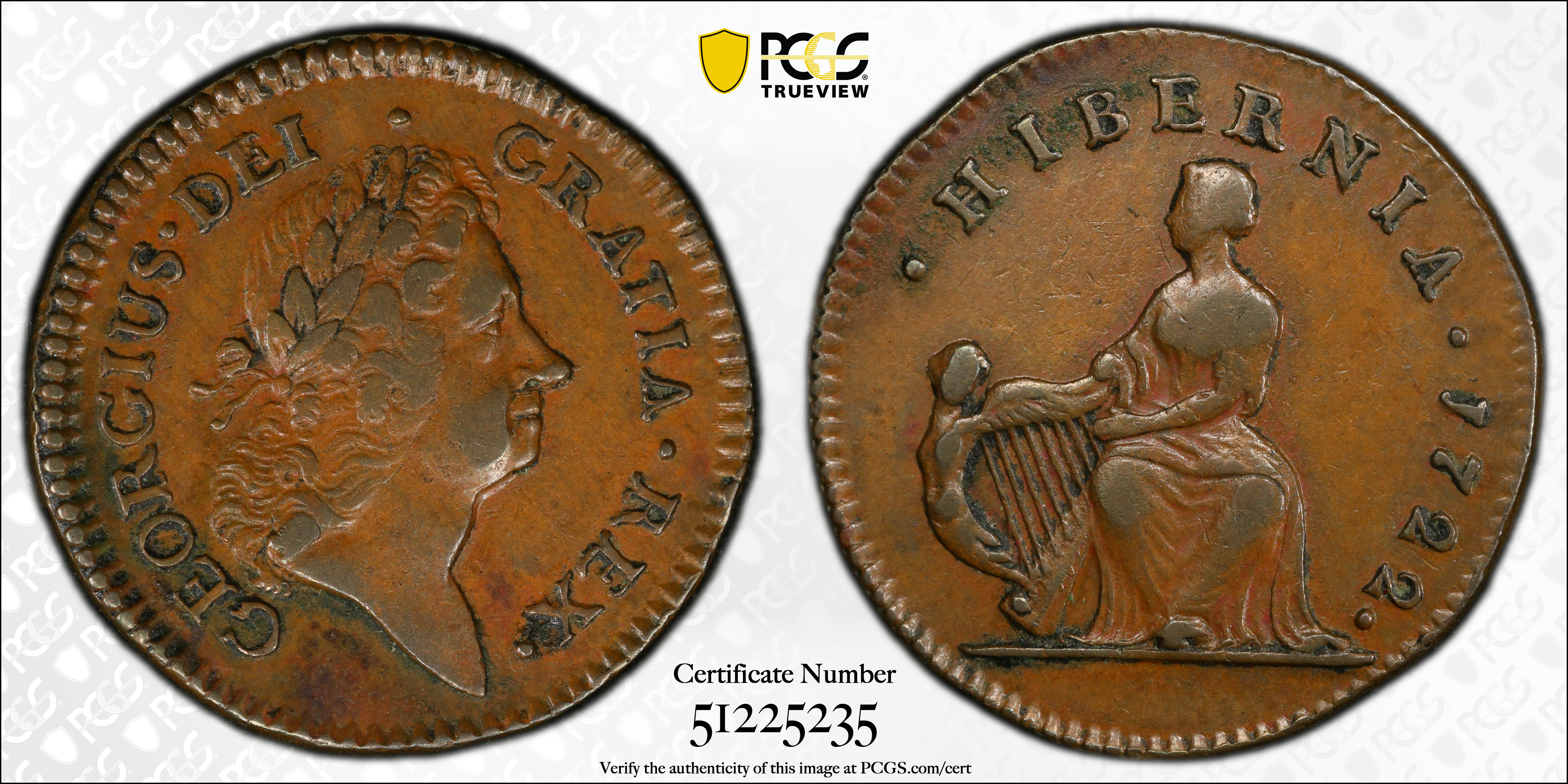 image for: 1722 Wood's Hibernia Halfpenny. Martin 4.1-Bb.2, W-12690. Rarity-3. First Type, Harp at Left. EF-40 (PCGS).