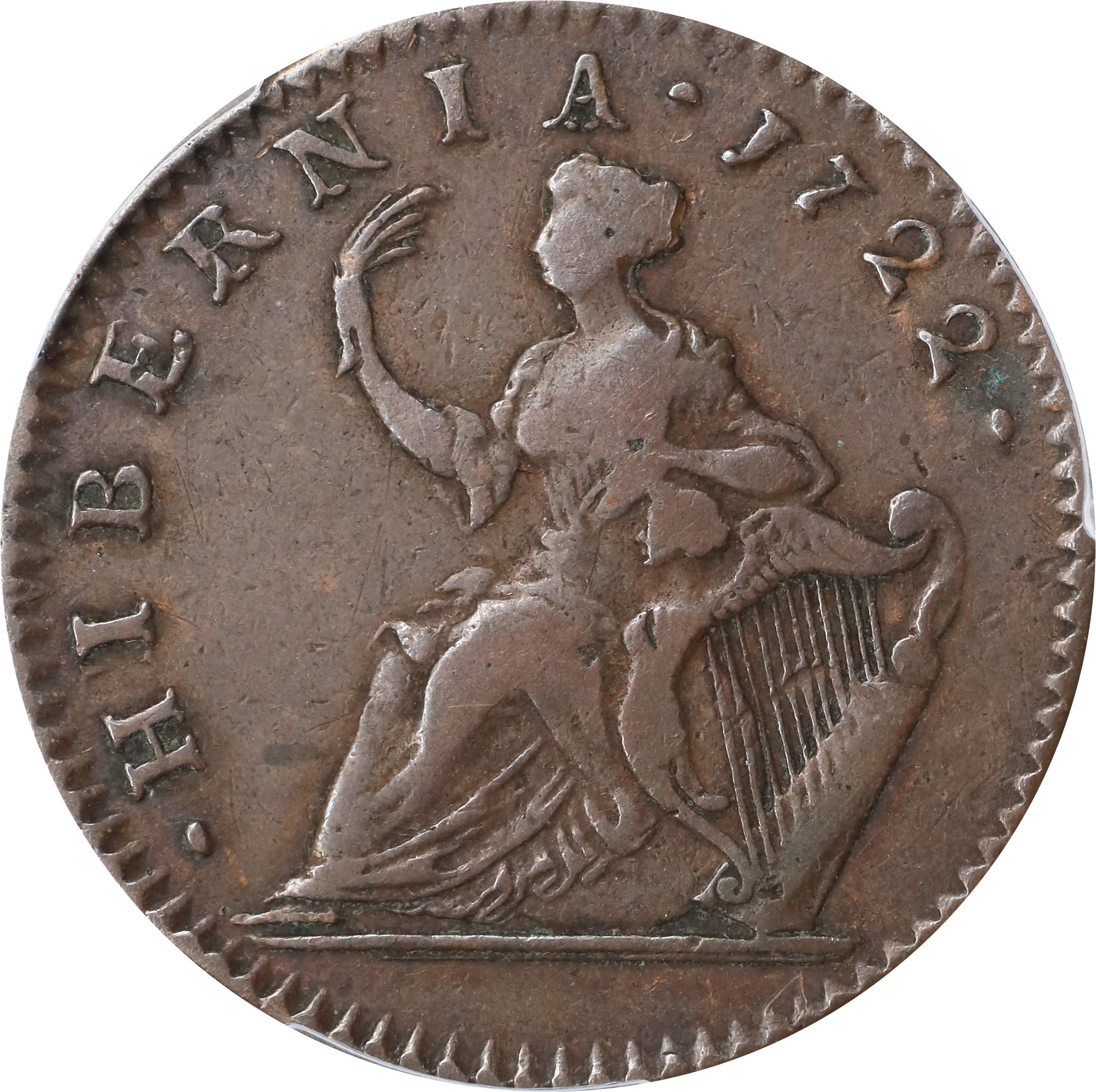 image for: 1722 Wood's Hibernia Halfpenny. Martin 4.7-C.6, W-12810. Rarity-5. Second Type, Harp at Right. VF-35 (PCGS).