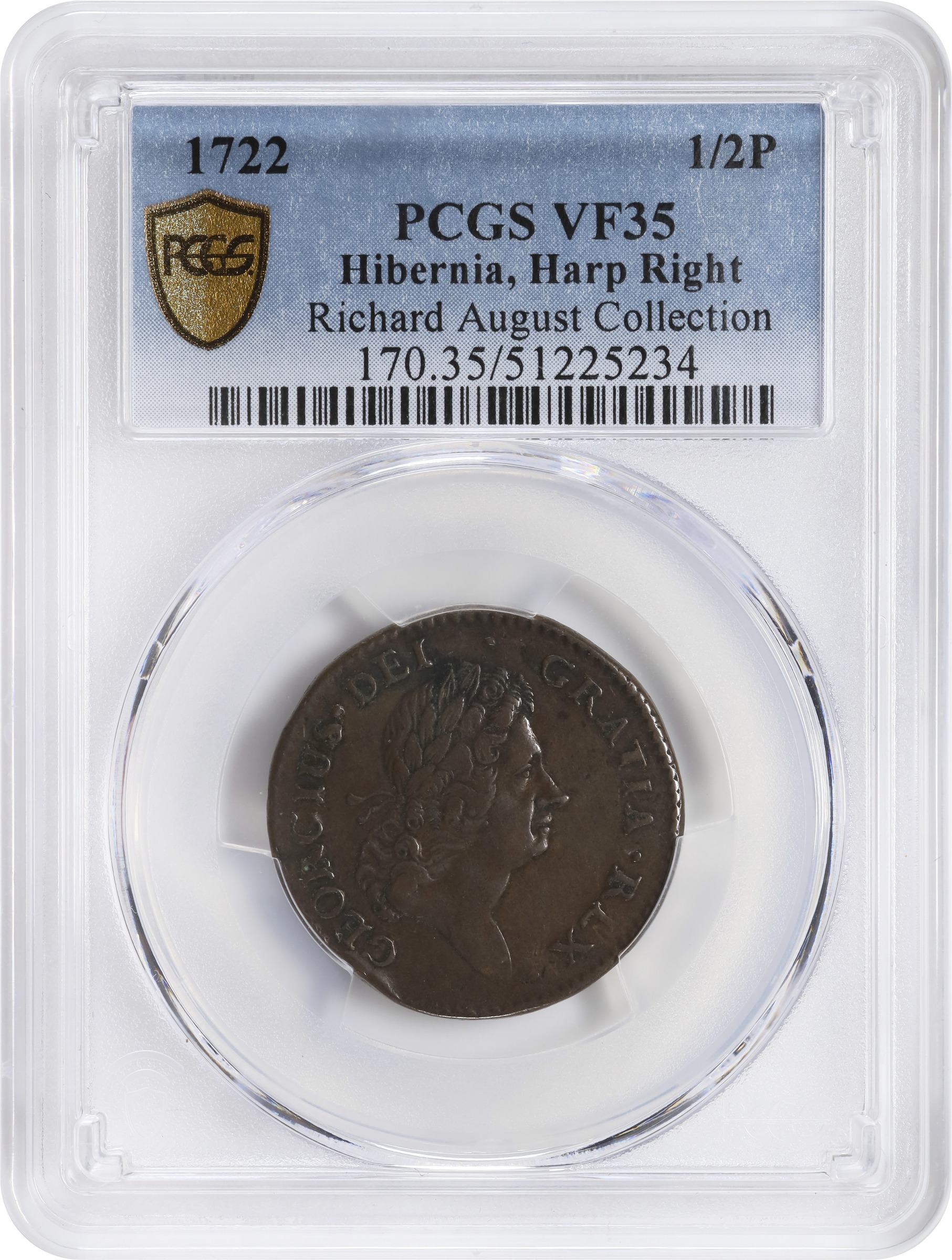 image for: 1722 Wood's Hibernia Halfpenny. Martin 4.7-C.6, W-12810. Rarity-5. Second Type, Harp at Right. VF-35 (PCGS).