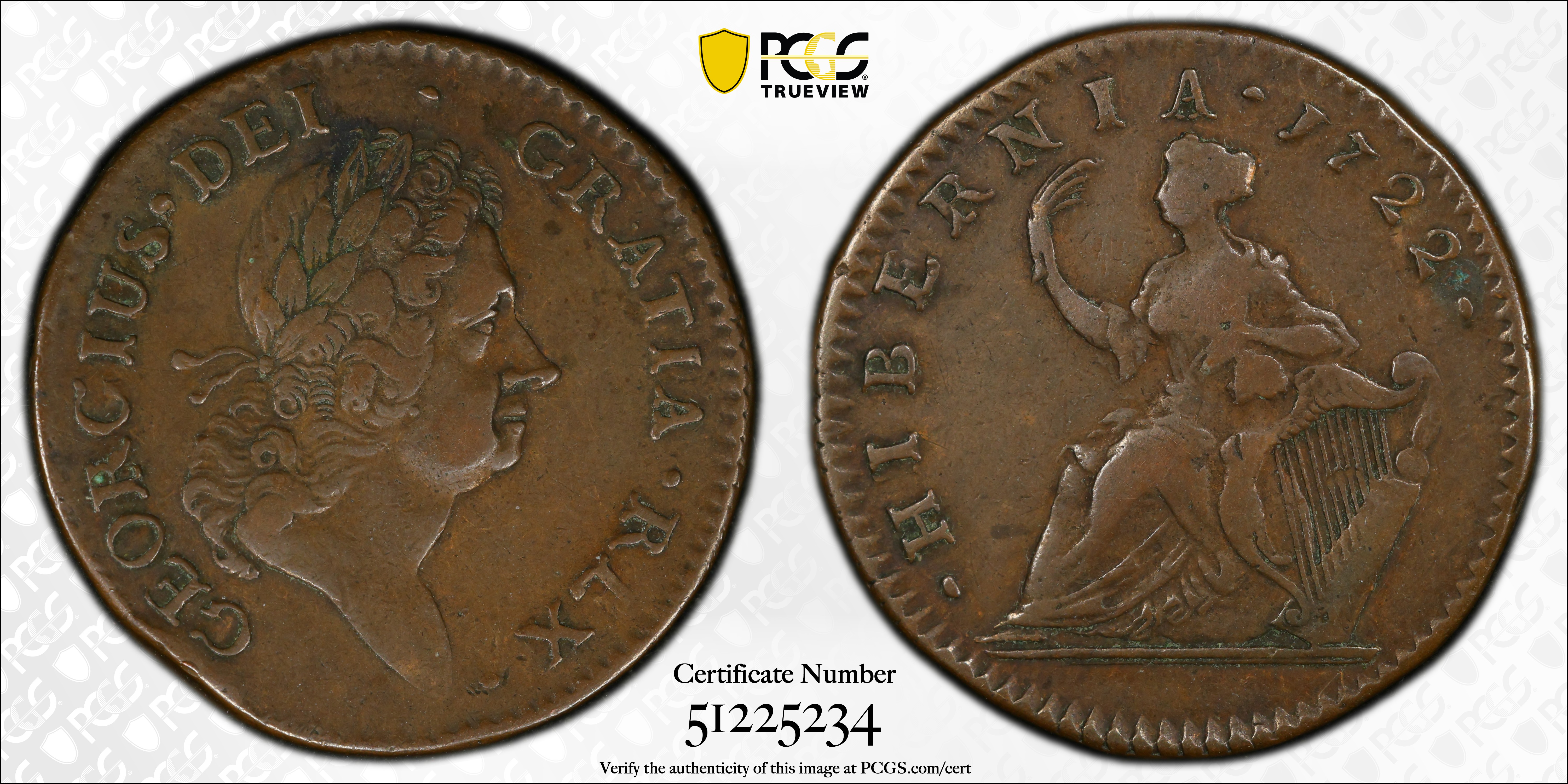 image for: 1722 Wood's Hibernia Halfpenny. Martin 4.7-C.6, W-12810. Rarity-5. Second Type, Harp at Right. VF-35 (PCGS).