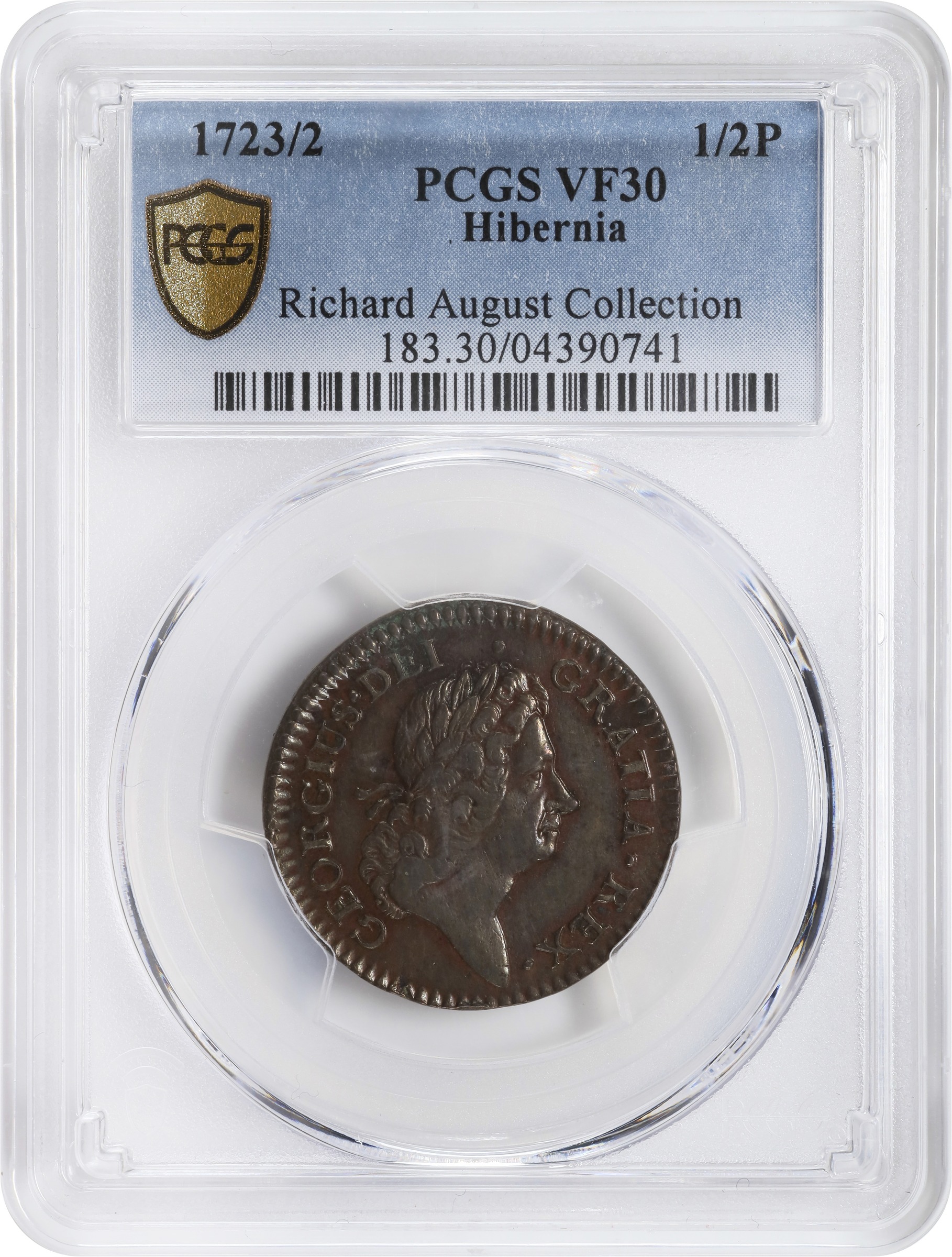 image for: 1723/2 Wood's Hibernia Halfpenny. Martin 4.60-Da.1, W-12850. Rarity-2. VF-30 (PCGS).